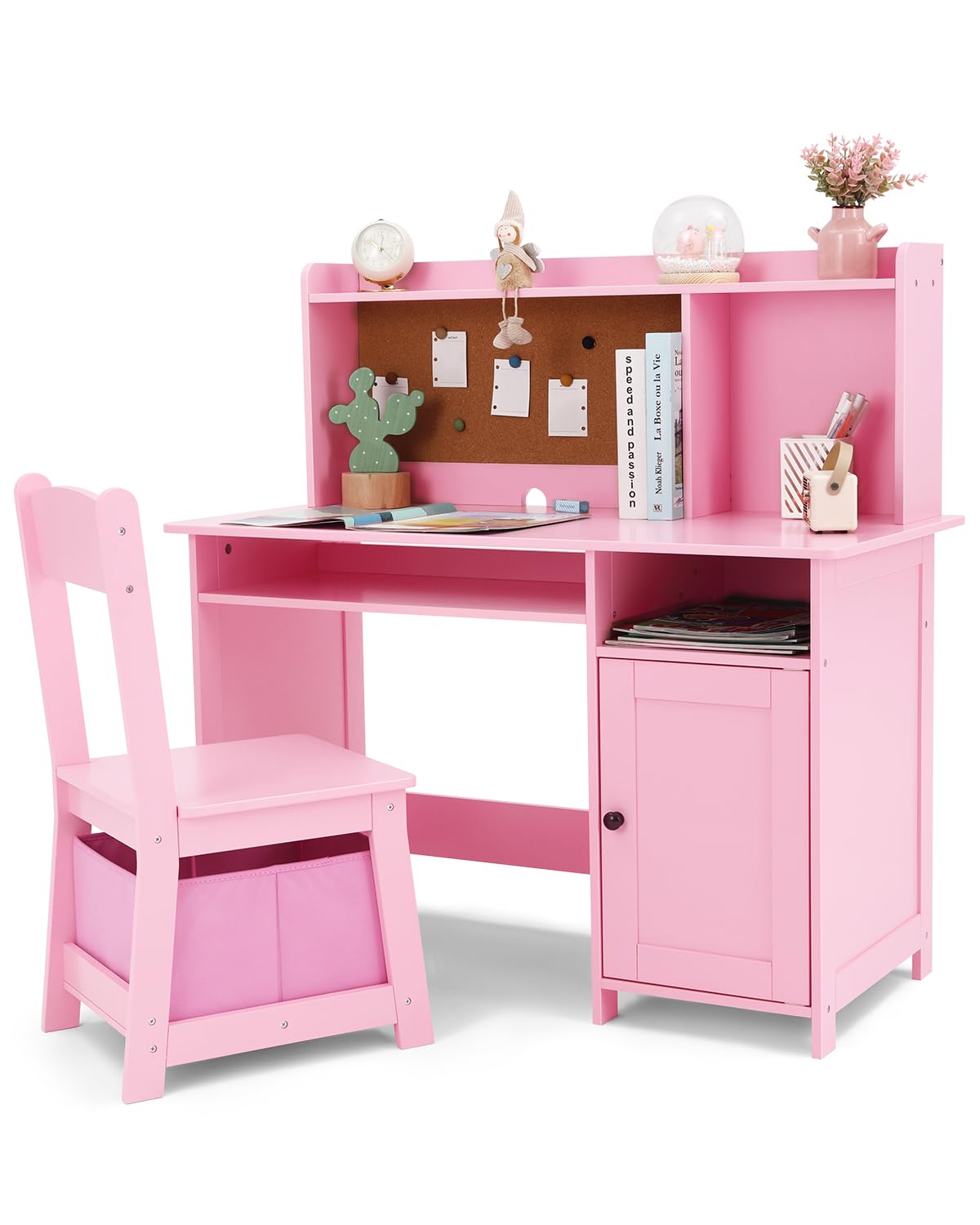 **Kids Wooden Study Desk and Chair Set with Storage Bins, Bookshelf & Cork Board – Ergonomic Design for Boys & Girls – Perfect for Studying, Writing, Drawing & Homework Organization**