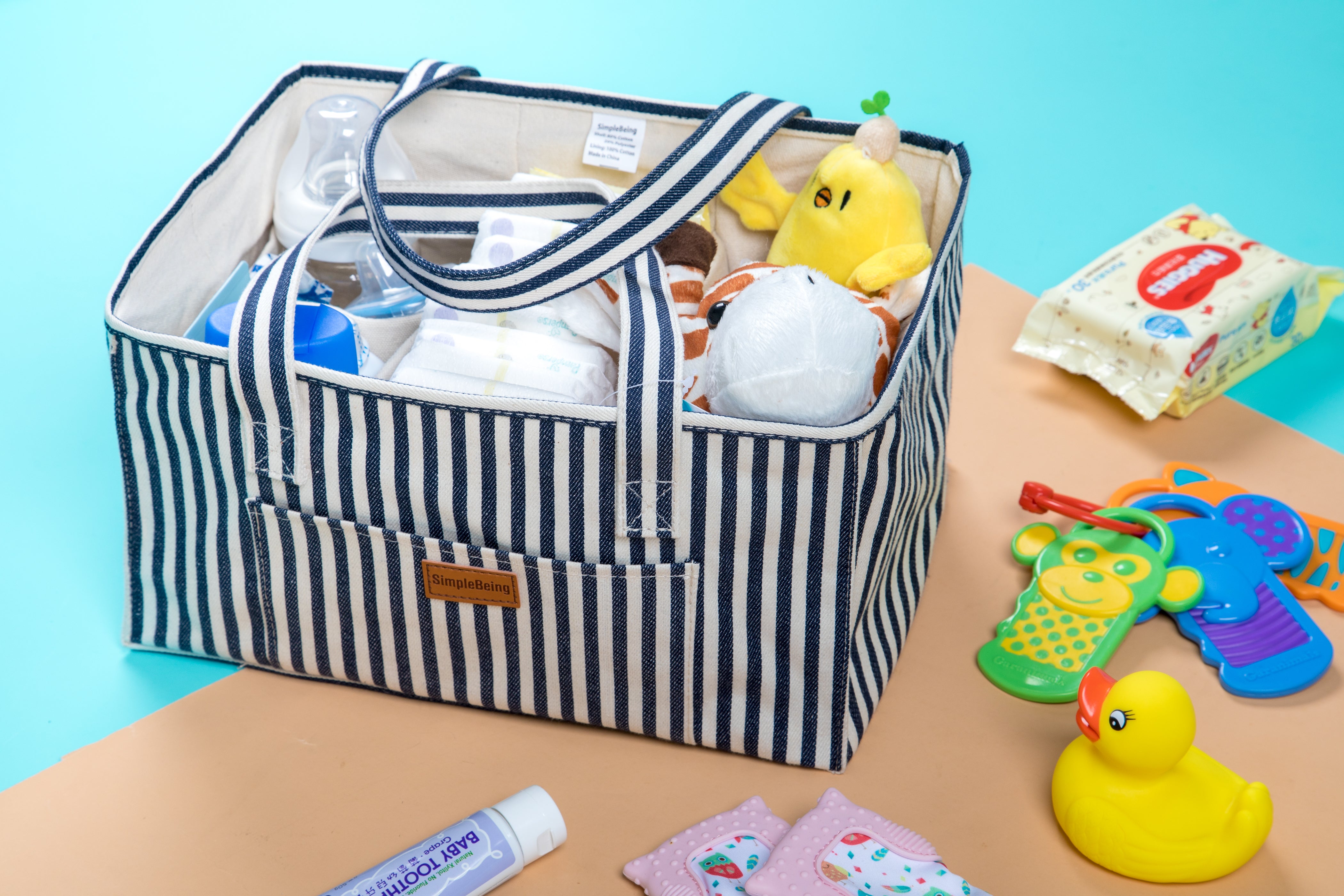 Simple Being Diaper Caddy Organizer - Blue Stripe Baby Essentials Storage for Nursery, Changing Table & On-the-Go | Perfect for Diapers, Wipes & Baby Care Items