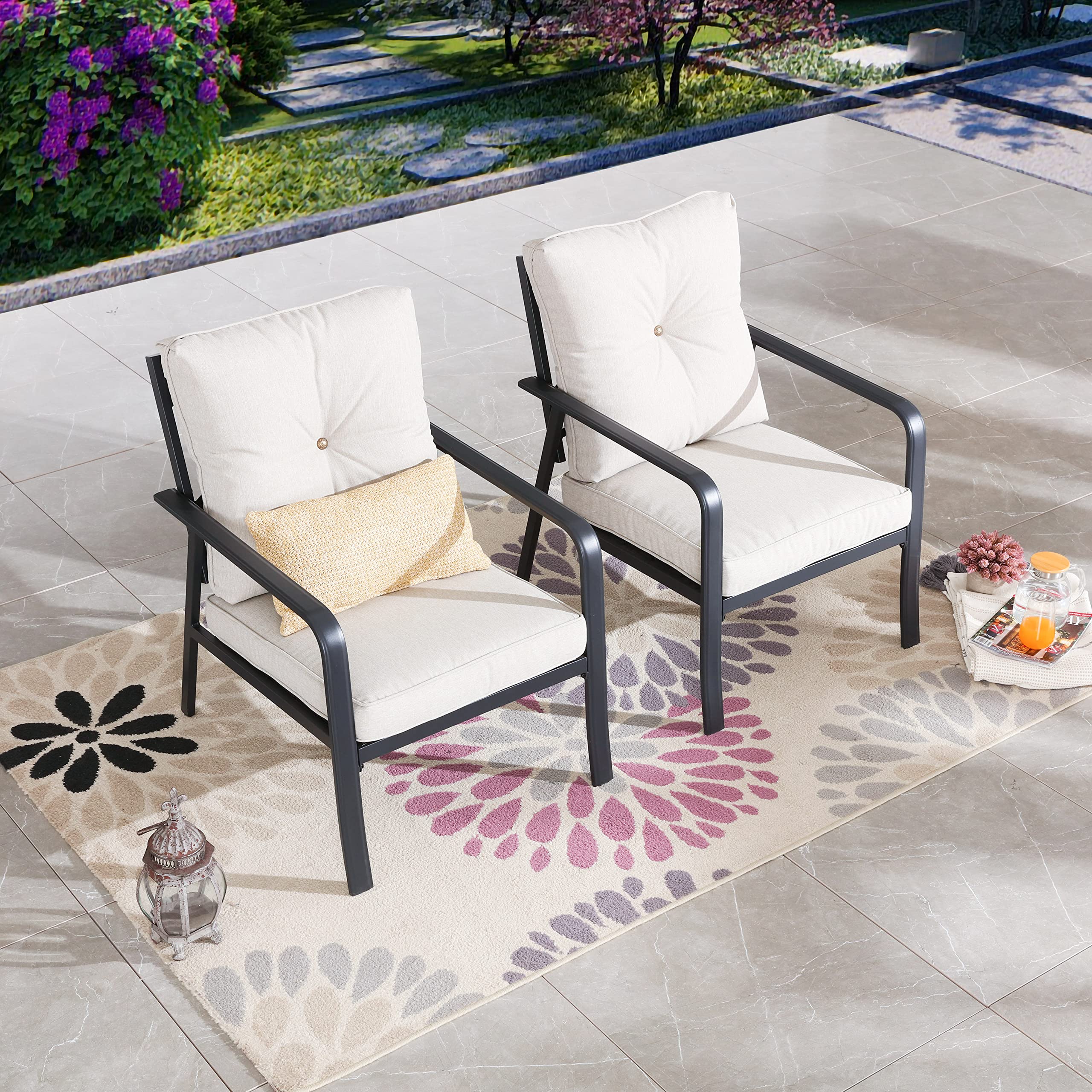LOKATSE HOME 2-Piece Modern Patio Dining Chairs Set with Beige Cushions - Outdoor Bistro Furniture for Balcony, Backyard, Garden - Perfect for Relaxing, Entertaining & Dining Al Fresco