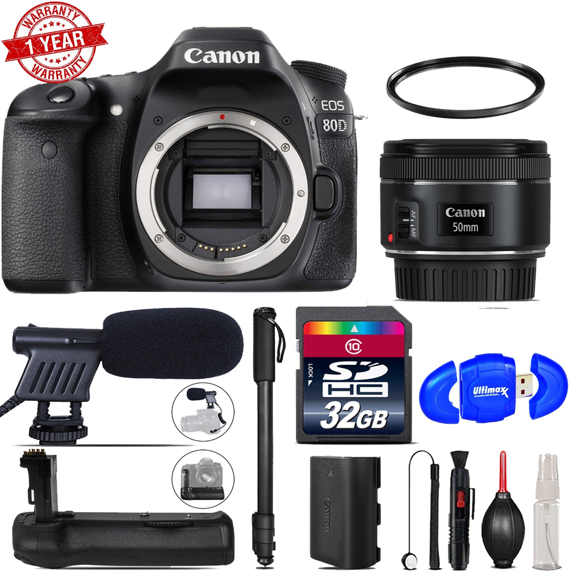 Canon EOS 80D DSLR Camera with 50mm f/1.8 IS STM Lens, Battery Grip & Shotgun Microphone - 32GB Memory Kit for Photography, Vlogging & YouTube Content Creation