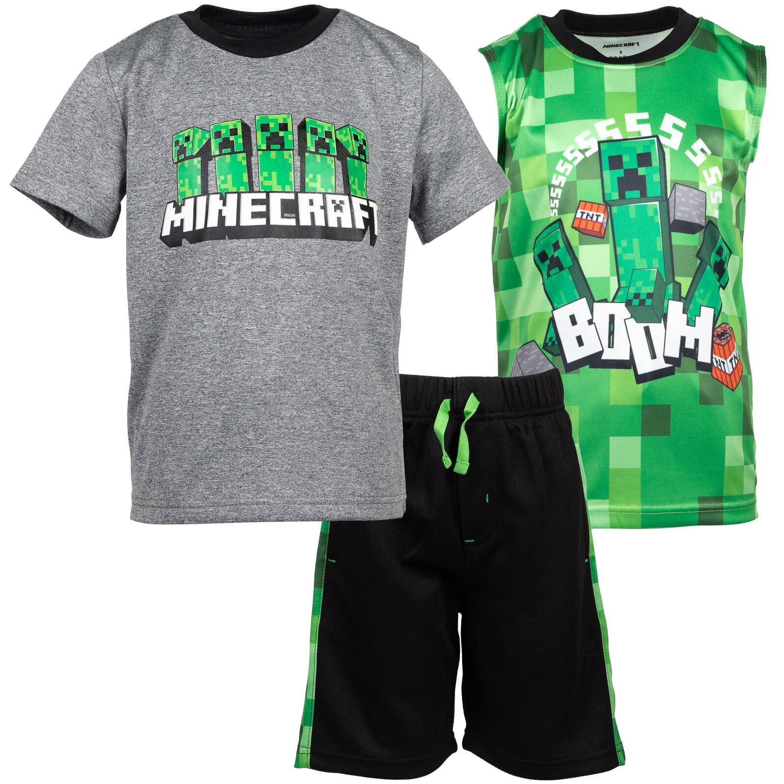 **Minecraft Creeper Boys' 3-Piece Outfit Set - Green T-Shirt, Tank Top & Mesh Shorts for Gaming, Cosplay & Casual Wear**