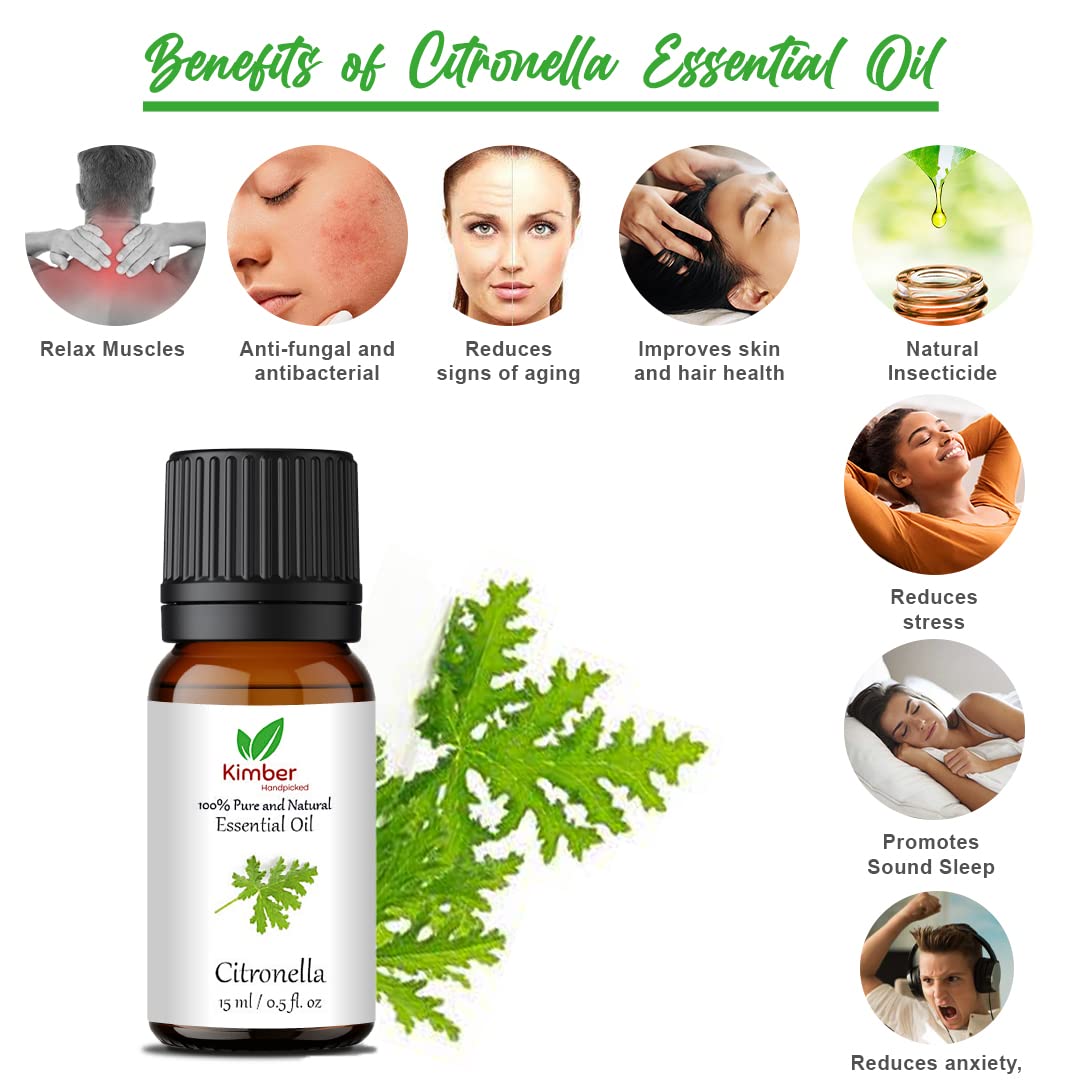 Kimber Citronella Essential Oil - 100% Pure & Natural Therapeutic Grade for Skin Care, Healthy Hair & Aromatherapy (15ml) | Perfect for Massage, Diffusers & DIY Beauty Products