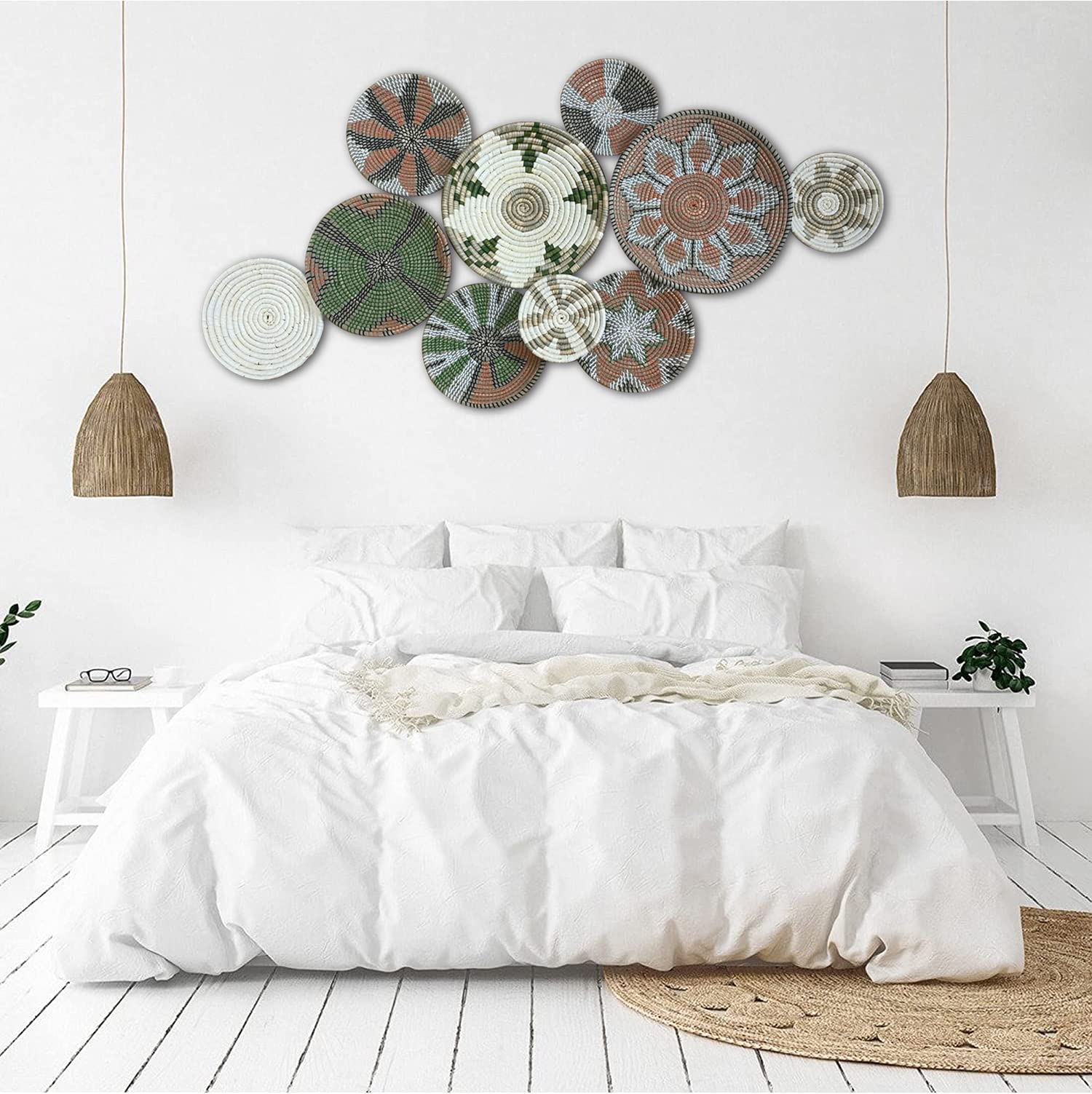 Handmade Boho Rattan Wall Decor Set of 10 - Woven Wicker Baskets, Wall Art & Tray for Boho Chic Home Decor | Perfect for Living Room, Bedroom & Nursery Wall Accents