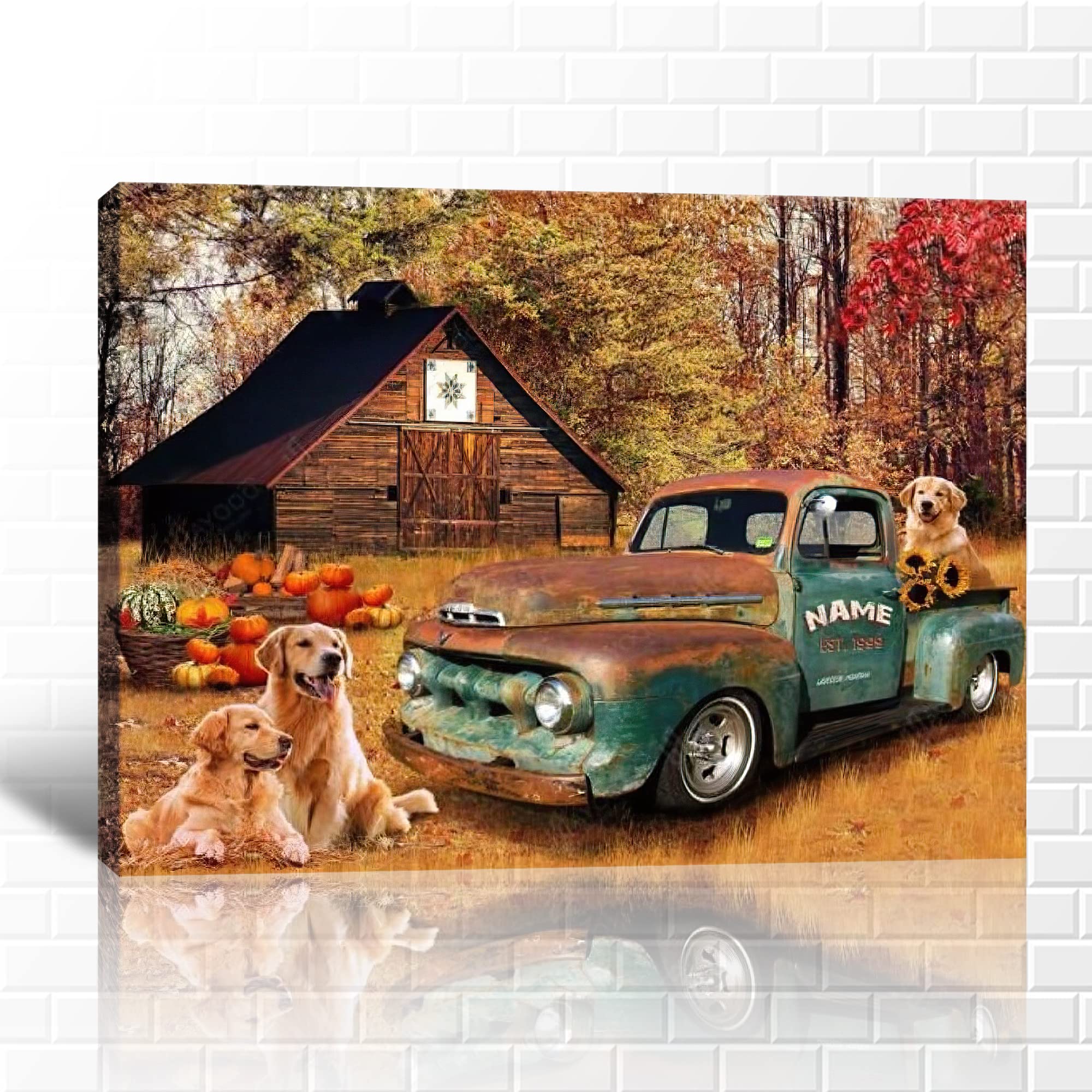 Vintage Farmhouse Truck Wall Art - Rustic Old Truck Canvas Prints & Barn Pictures for Country Home Decor | Farm Truck & Puppy Painting, Framed Car Poster (32x48 Inches) | Perfect for Living Room, Bedroom, or Office Wall Decoration