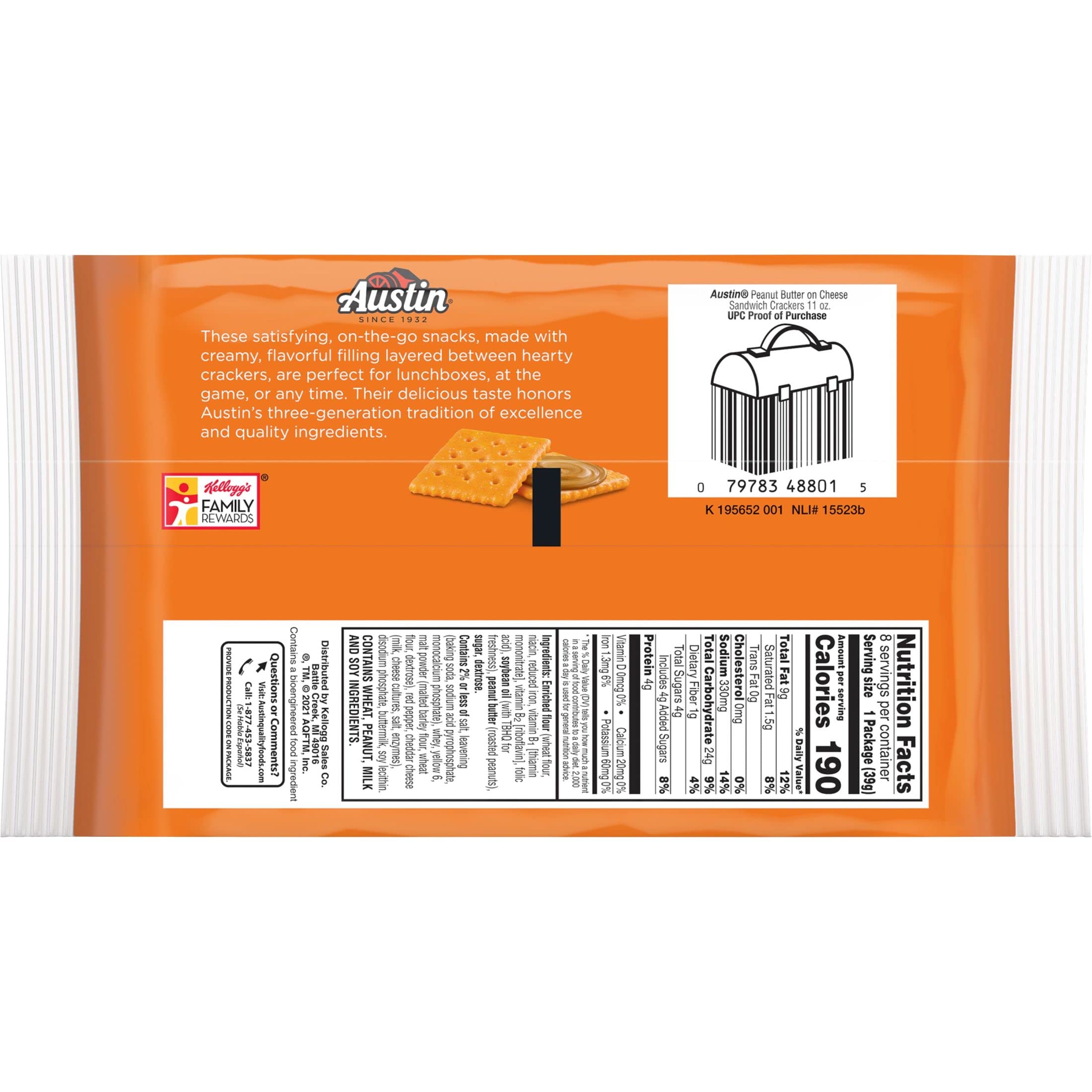 Austin Sandwich Crackers - Peanut Butter & Cheese Snacks, 11oz Tray (8 Packs) | Single Serve Office Snacks, Kids Lunchbox Treats & On-the-Go Snacking