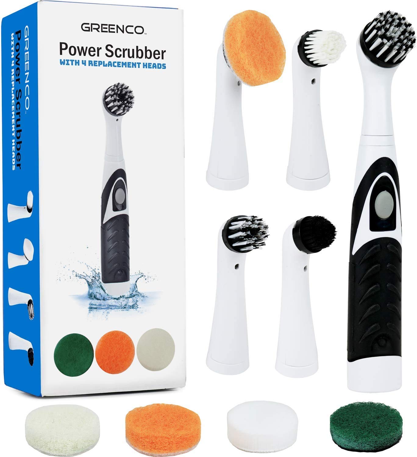 Greenco Electric Scrub Brush with 4 Replaceable Heads - Power Spin Scrubber for Bathroom, Tile & Grout Cleaning - Auto Cleaning Brush for Kitchen, Shower & Household Deep Cleaning - New Improved Version