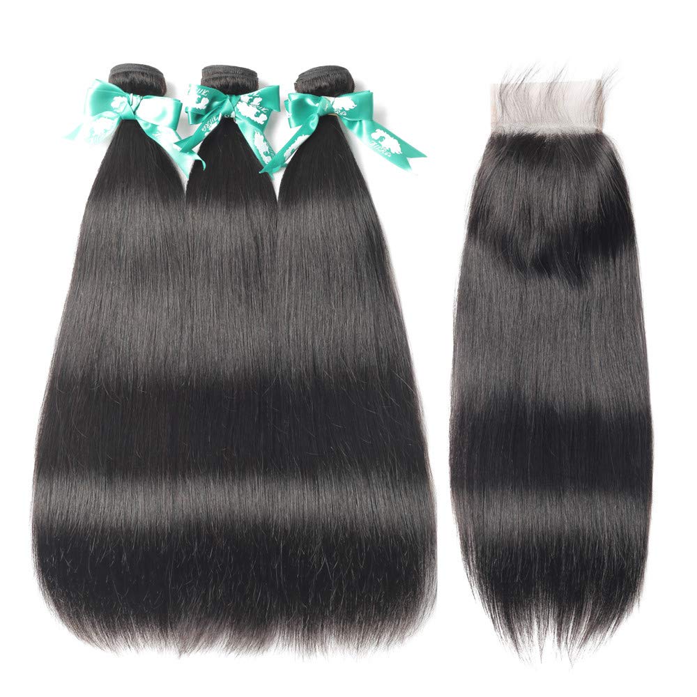 100% Brazilian Virgin Straight Human Hair Bundles with Lace Closure (24 26 28+20) - 3 Bundles Natural Black Hair Extensions for Styling, Weaving & Daily Wear - Perfect for Parties, Weddings & Professional Looks