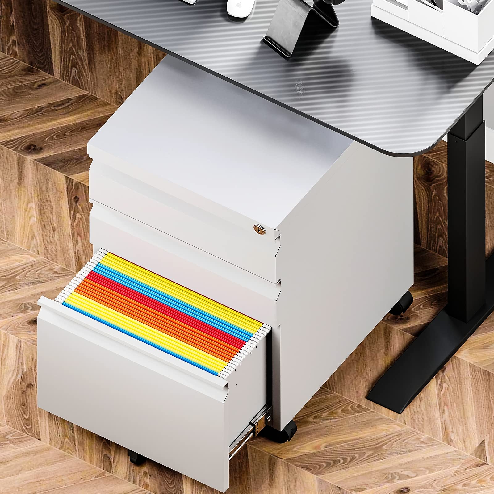 Yizosh 3-Drawer Locking Mobile File Cabinet - White Under Desk Rolling Storage Organizer for Legal/Letter/A4 Files - Heavy Duty Metal Locking File Cabinet with Wheels (Fully Assembled) - Perfect for Office, Home, or Classroom Organization
