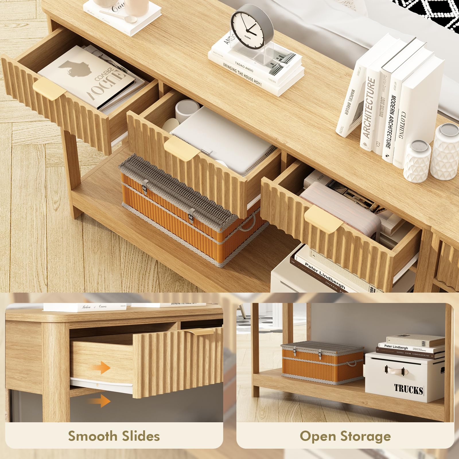 Modern Fluted Console Table with Drawers & Storage Shelf - 47.1