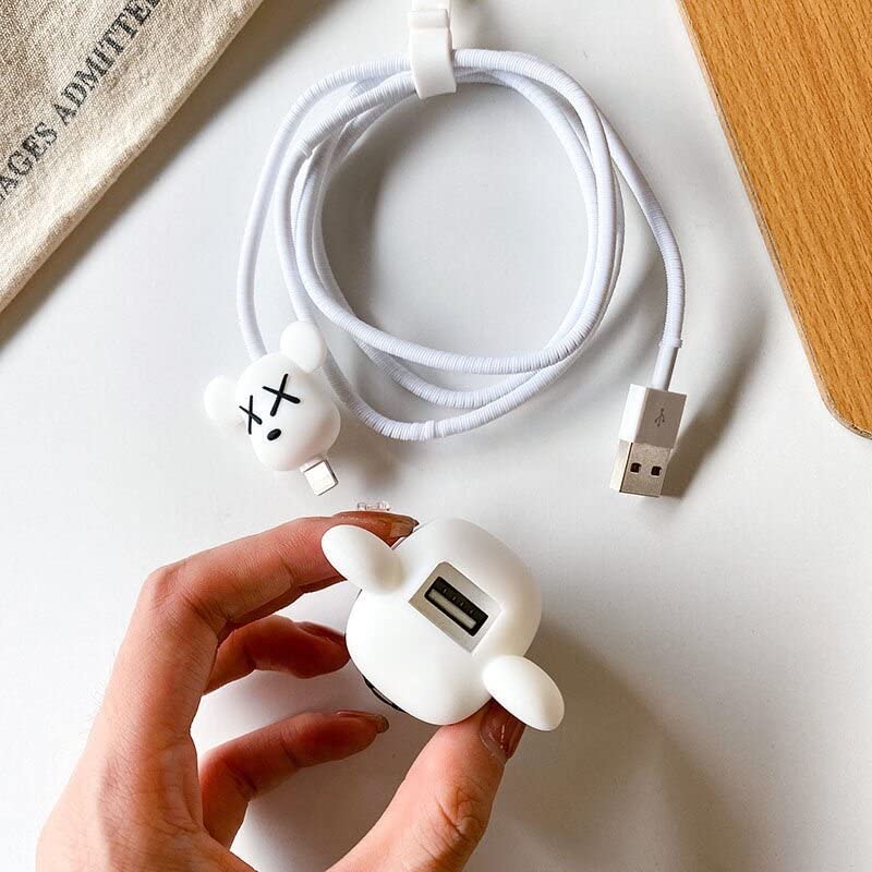 Cute Cartoon Soft Silicone Charger Cover for iPhone - 5W Charger Protector & Cord Case (Compatible with iPhone X/XS/XR/XS Max/7/8/7 Plus/8 Plus/6/6S/6 Plus/6S Plus/SE/5) - 4-in-1 Mini Set for Home, Office, Travel & Car Charging Protection