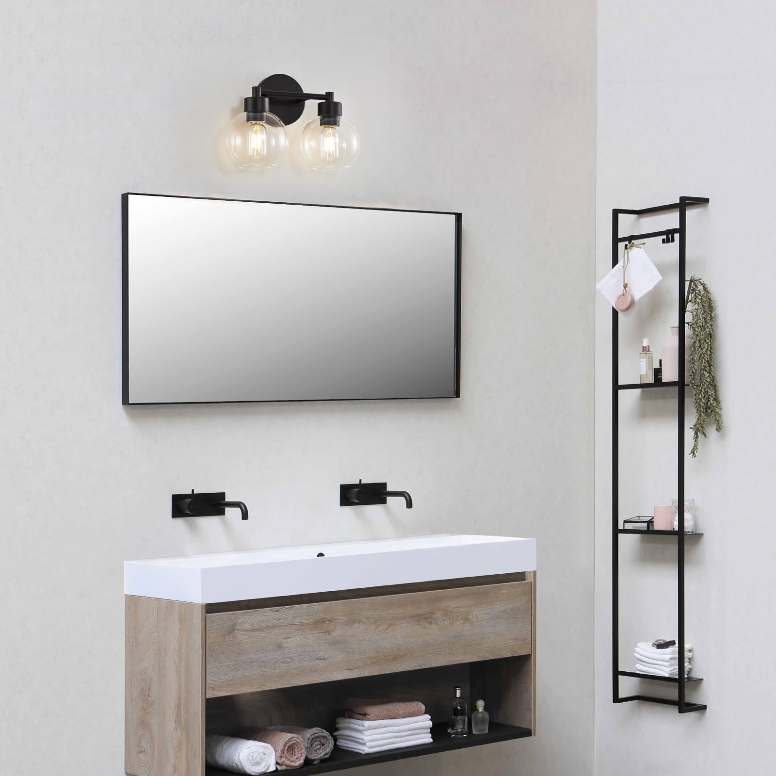Modern Black Bathroom Light Fixture - 2-Light Vanity Sconce with Clear Glass Shades for Mirror, Bedroom, Living Room & Kitchen - Perfect for Bathroom Makeover, Modern Home Decor & Ambient Lighting