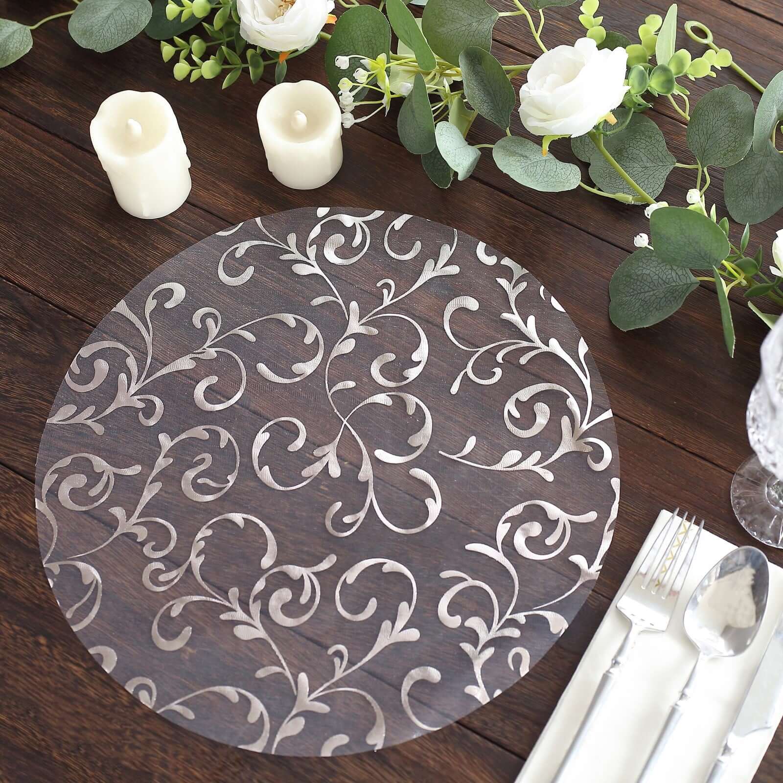 10 Pack Silver Embossed Foil Flower Table Placemats - Round Disposable Organza Mats for Wedding, Party & Holiday Dining Decor (13 Inch)