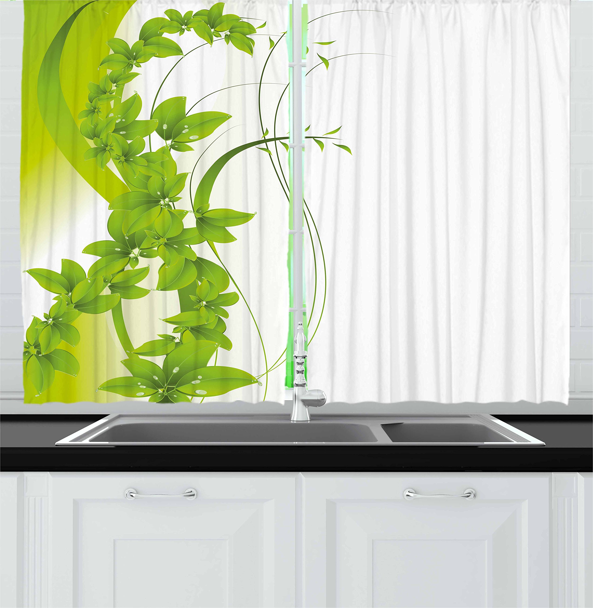 Ambesonne Green Kitchen Curtains Set of 2 - Blossoming Flowers Botanical Garden Design, Abstract Fantasy Theme, 55