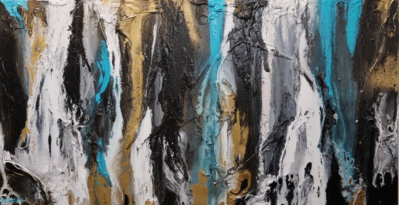 Golden Teal 190cm x 100cm Black Teal Gold Textured Abstract Canvas Wall Art - Modern Home Decor for Living Room, Bedroom, Office