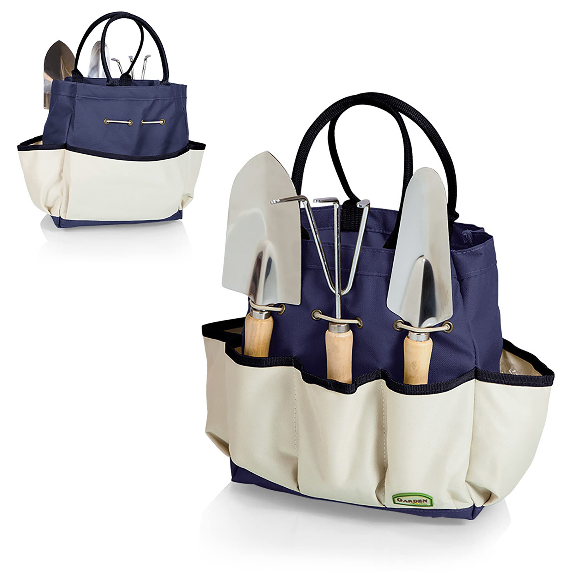 PICNIC TIME Garden Tool Organizer Bag with Tool Set - Heavy Duty Gardening Storage for Women & Men - Navy Blue with Beige Accents - Perfect for Outdoor Planting, Weeding & Yard Work
