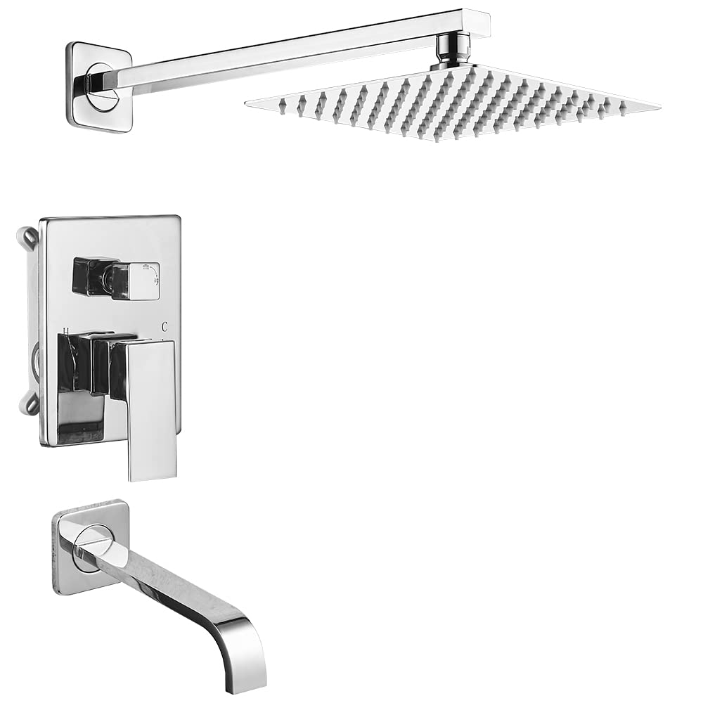 Luxury Polished Chrome Single Handle Wall Mounted Shower Faucet Set with Rain Shower Head & Tub Spout - Complete Bathroom Shower System with Rough-in Valve for Modern Home Spa Experience