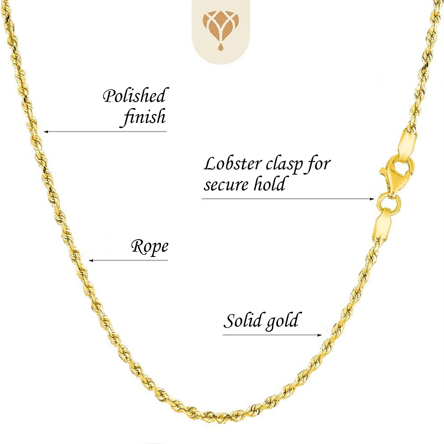 14K Real Yellow Gold Hollow Rope Chain Necklace - 1.50mm, 2mm or 2.5mm Thick - Lobster Claw Clasp - 16