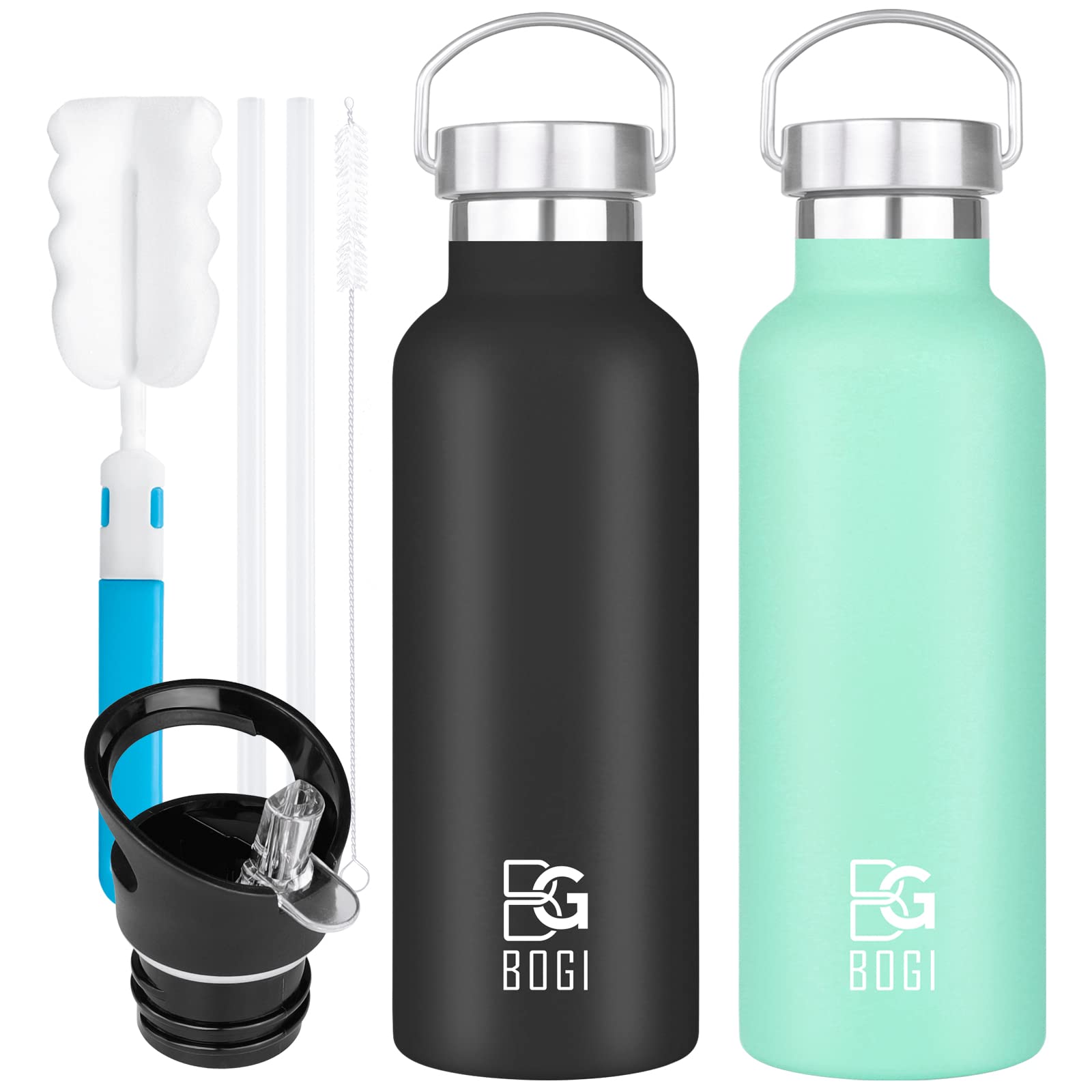 BOGI 20oz Insulated Stainless Steel Water Bottle 2 Pack - Leakproof Wide Mouth Metal Bottle with Straw & Handle, BPA Free - Perfect for School, Gym, Hiking, Camping & Outdoor Activities