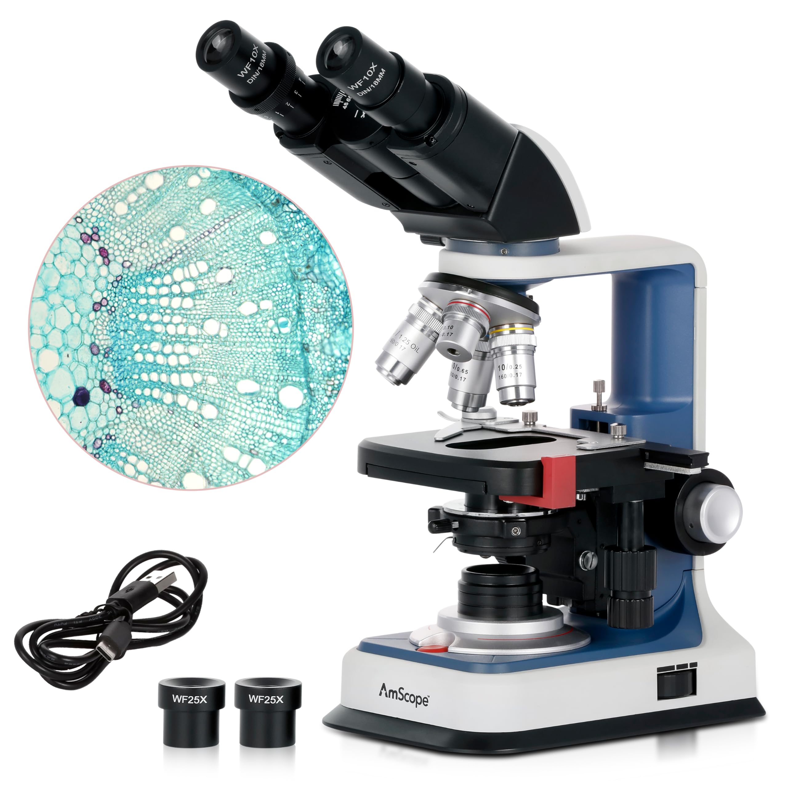 AmScope B120C-R 40X-2500X USB-C Rechargeable Student Binocular Microscope with 3D Mechanical Stage & LED Light - Perfect for Home Schooling, Science Labs & Biology Studies