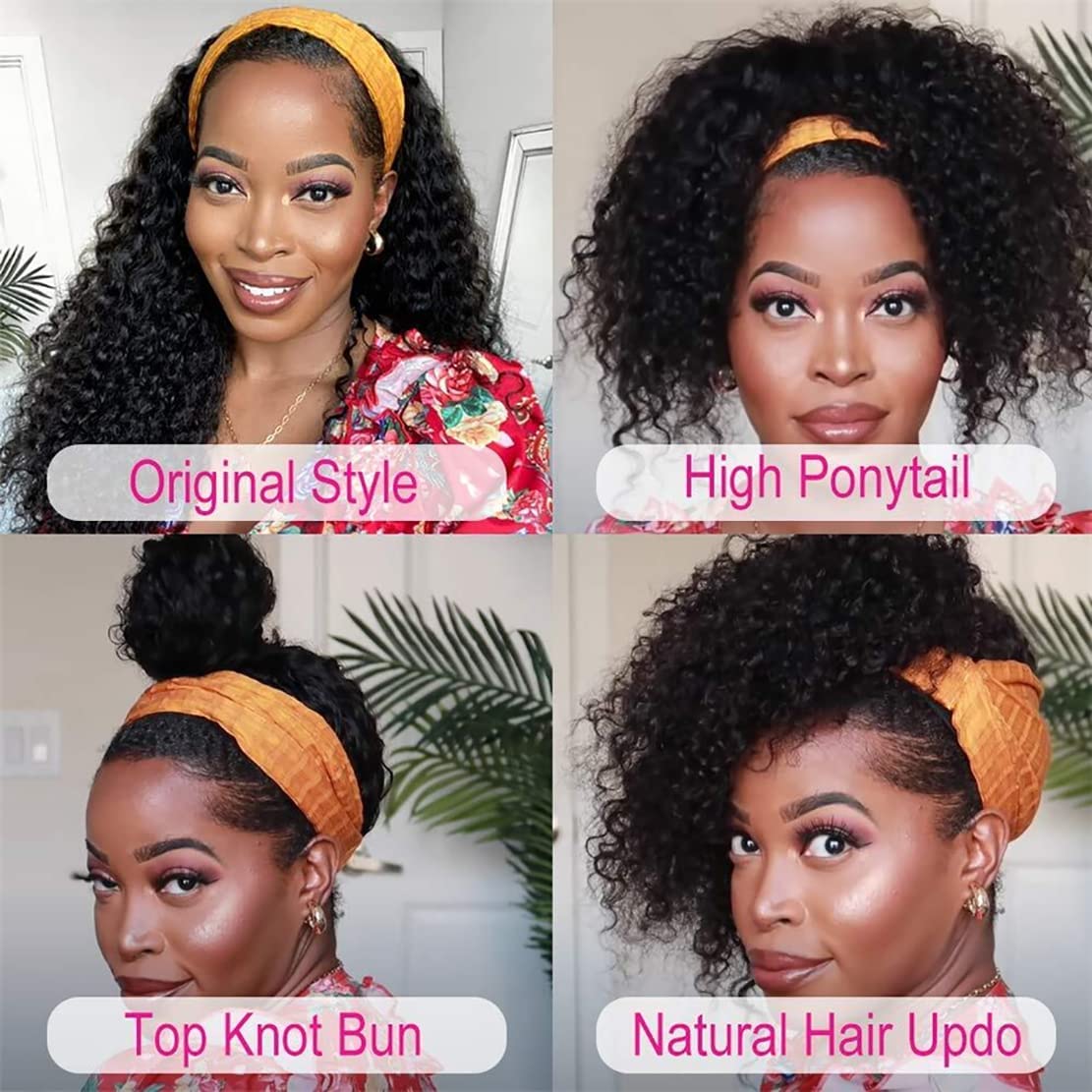 26 Inch Brazilian Human Hair Headband Wig - Deep Wave 150% Density Glueless Non Lace Front Machine Made Wig - Natural Black Women's Wet & Wavy Curly Half Wig for Daily Wear & Special Occasions