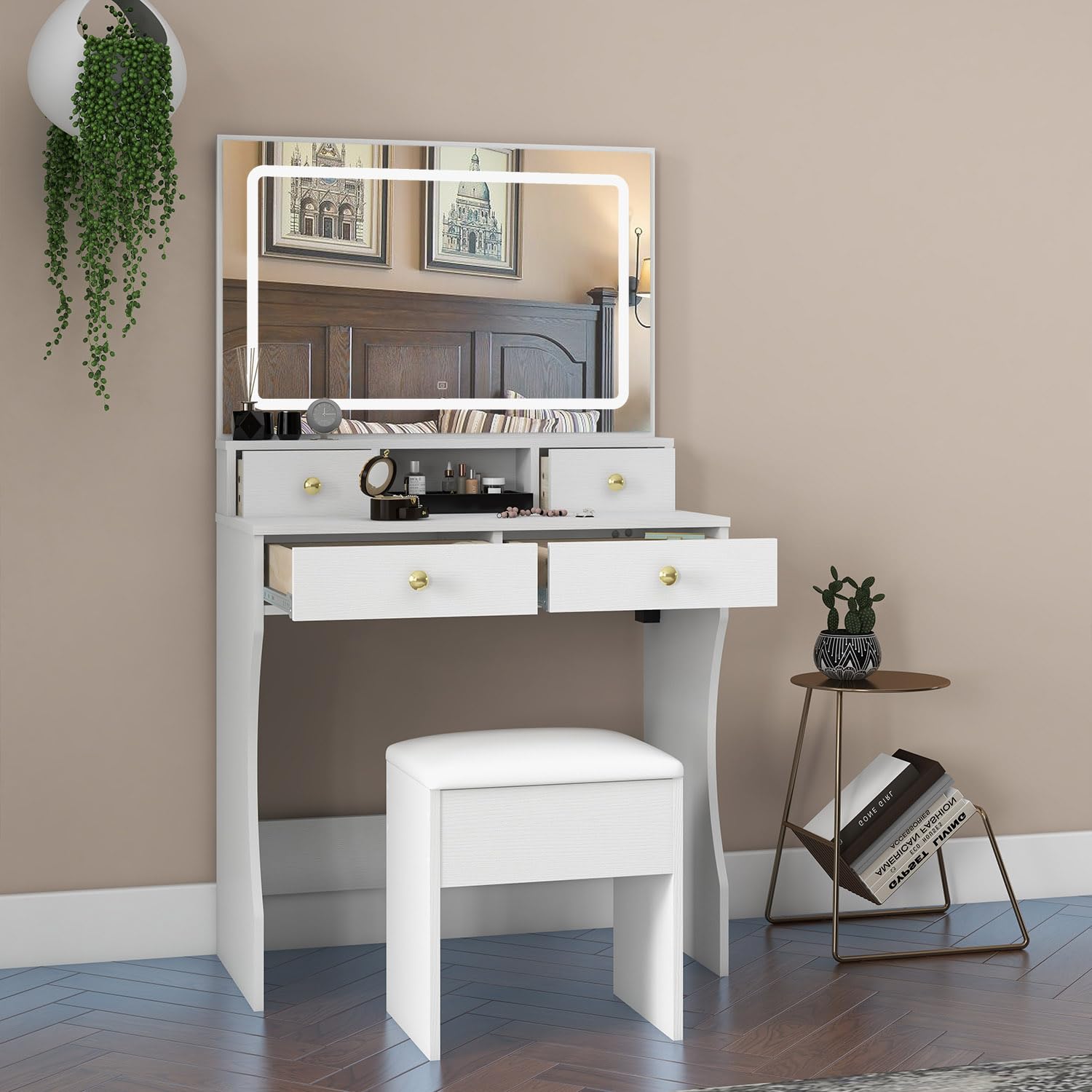 Vanity Desk Set with Adjustable LED Lighted Mirror & Stool - 4-Drawer Makeup Dressing Table with Power Outlet for Girls & Women - Perfect for Bedroom, Dorm, or Home Beauty Station (White)