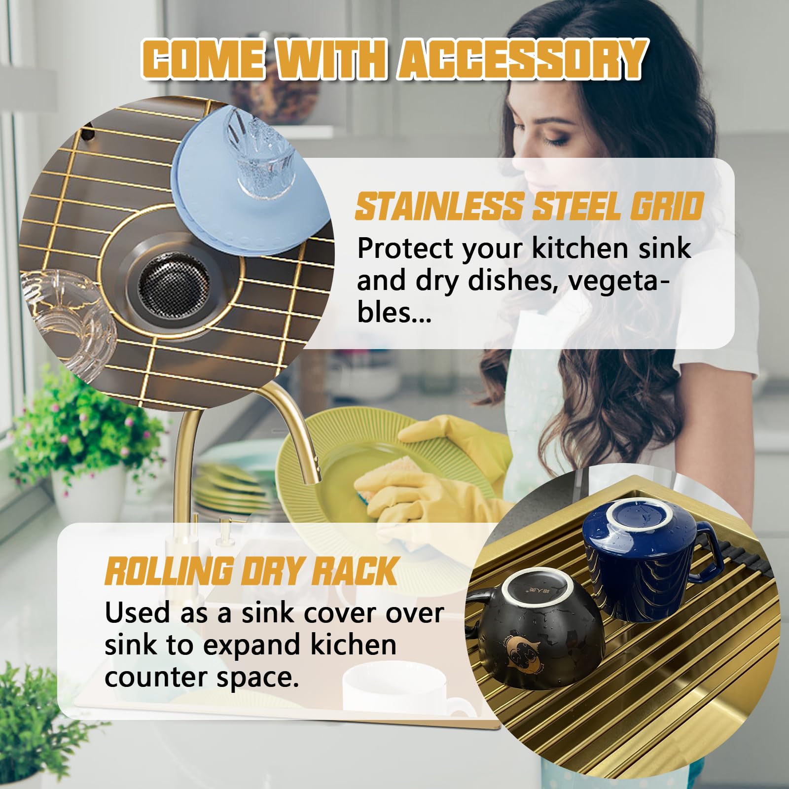 33x22 Inch Gold 50/50 Double Bowl Stainless Steel Drop-In Kitchen Sink with Gold-Tone Accessories - Rack, Grid & Drain Assembly | Modern Luxury Farmhouse & Contemporary Kitchen Upgrade | Perfect for Cooking, Washing & Food Prep