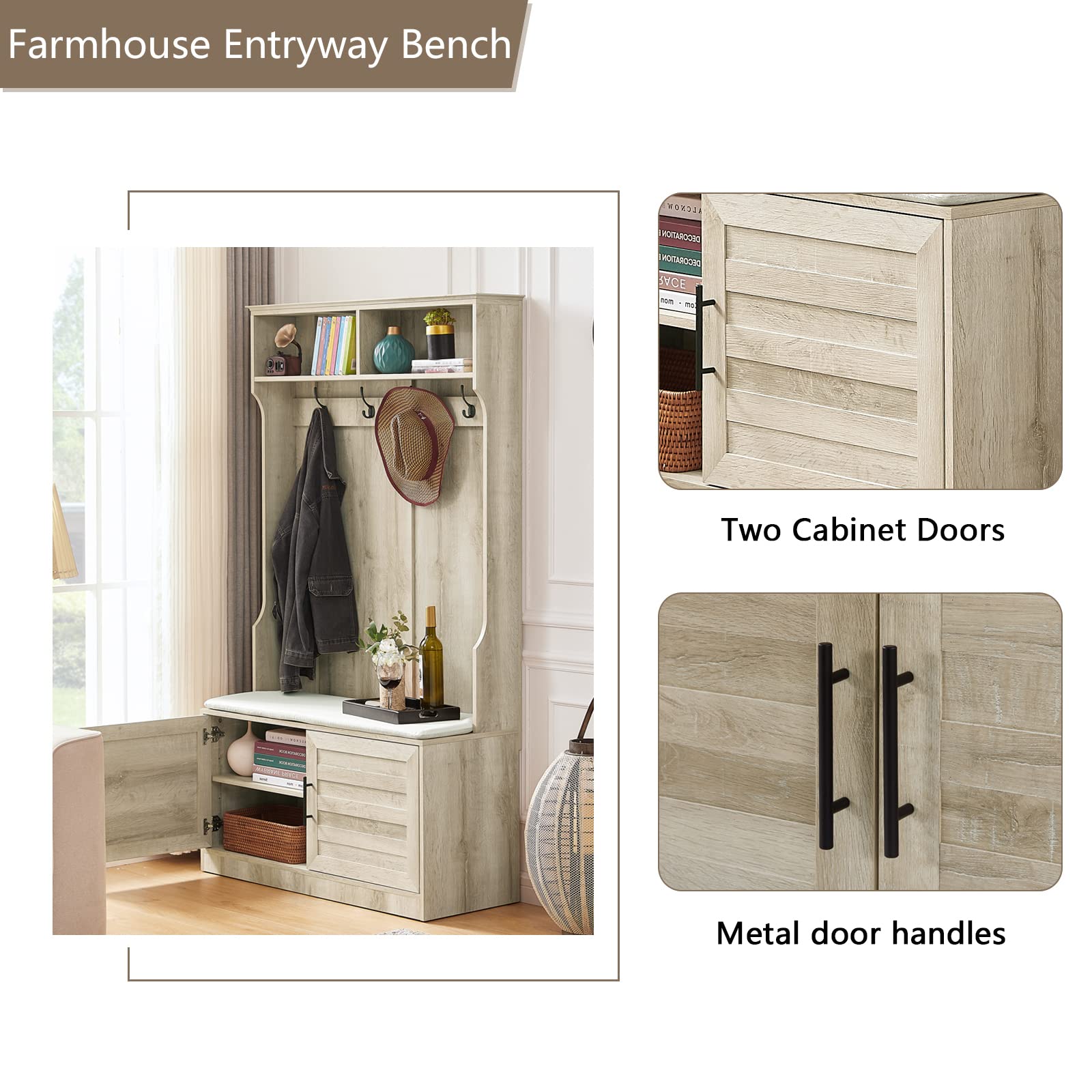 Farmhouse Hall Tree with Padded Storage Bench - Entryway Coat Rack & Shoe Cabinet - White Oak Mudroom Organizer for Coats, Shoes & Accessories - Perfect for Small Spaces, Apartments & Farmhouse Entryways