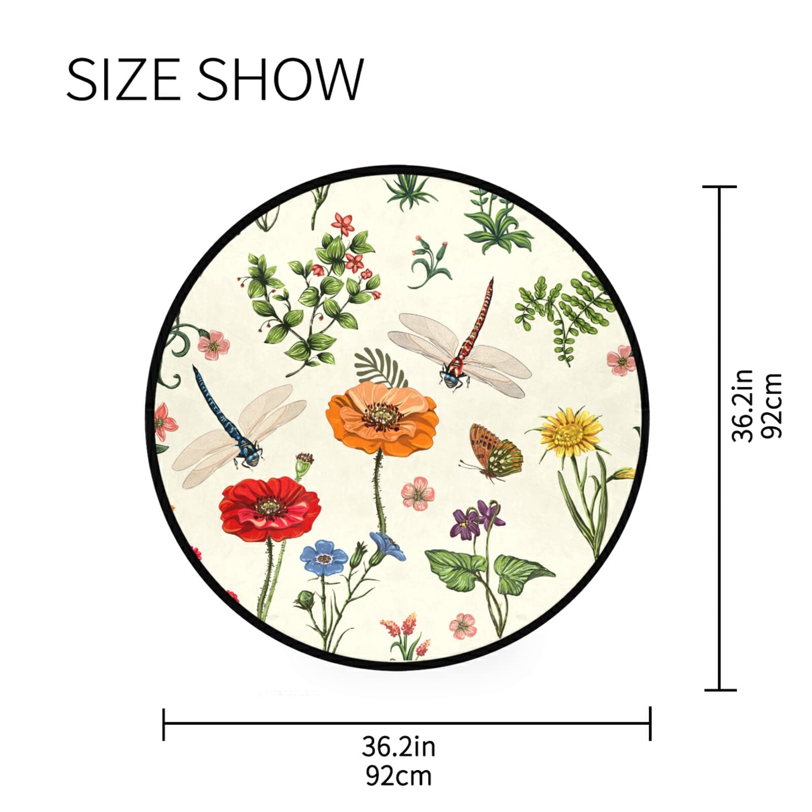 Fall Flowers Dragonfly Non-Slip Round Area Rug - Botanical Leaves Floral Washable Soft Circle Carpet for Bedroom, Living & Dining Room - 3ft Home Decor - Perfect for Cozy Spaces, Nursery Decor & Boho Chic Interiors