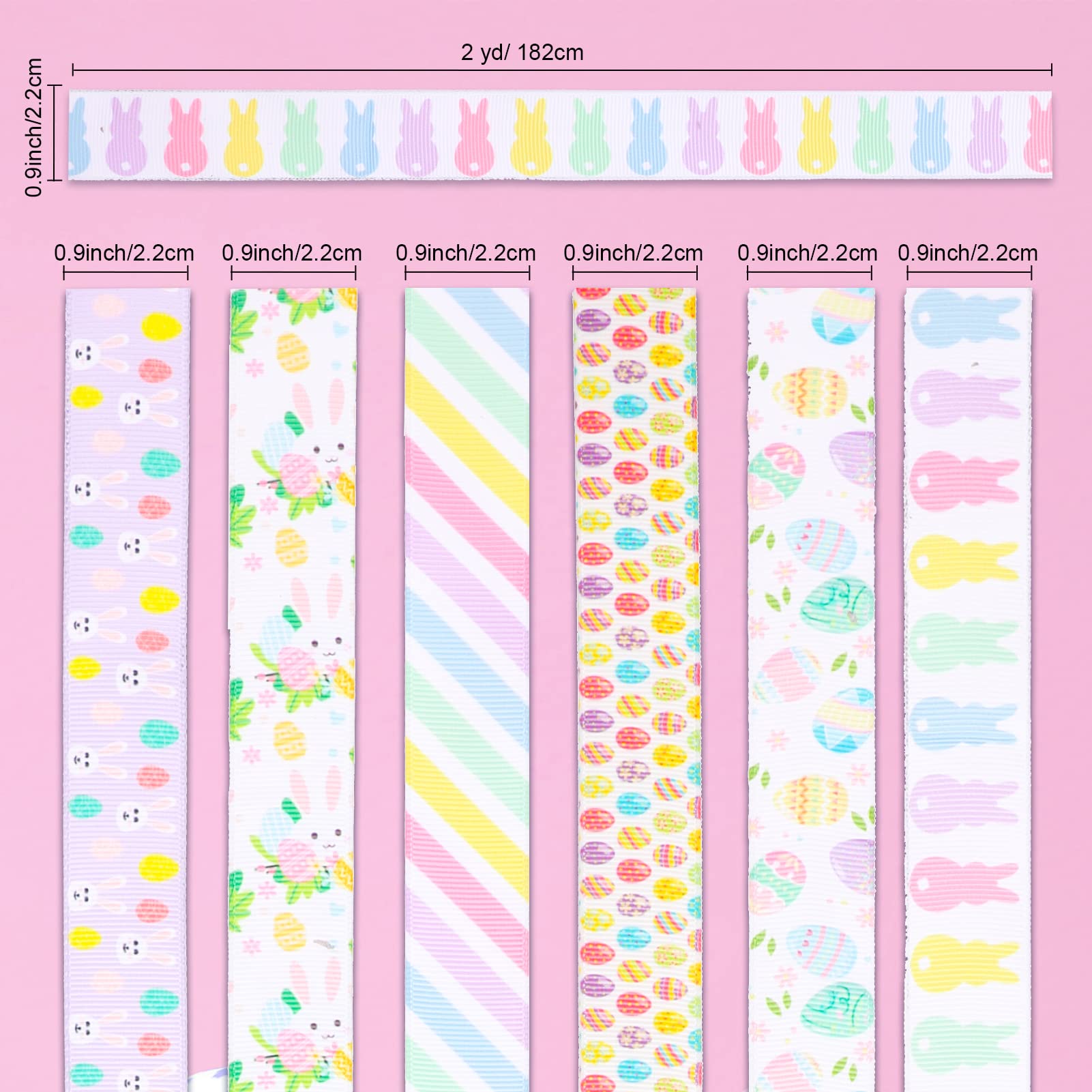 6 Rolls 12 Yards Easter Grosgrain Ribbon - Egg Bunny Floral Pattern for Spring Gift Wrapping, DIY Crafts, Hair Bows, Wreaths & Home Decor - Perfect for Easter Party Favors, Bouquets and Seasonal Decorations