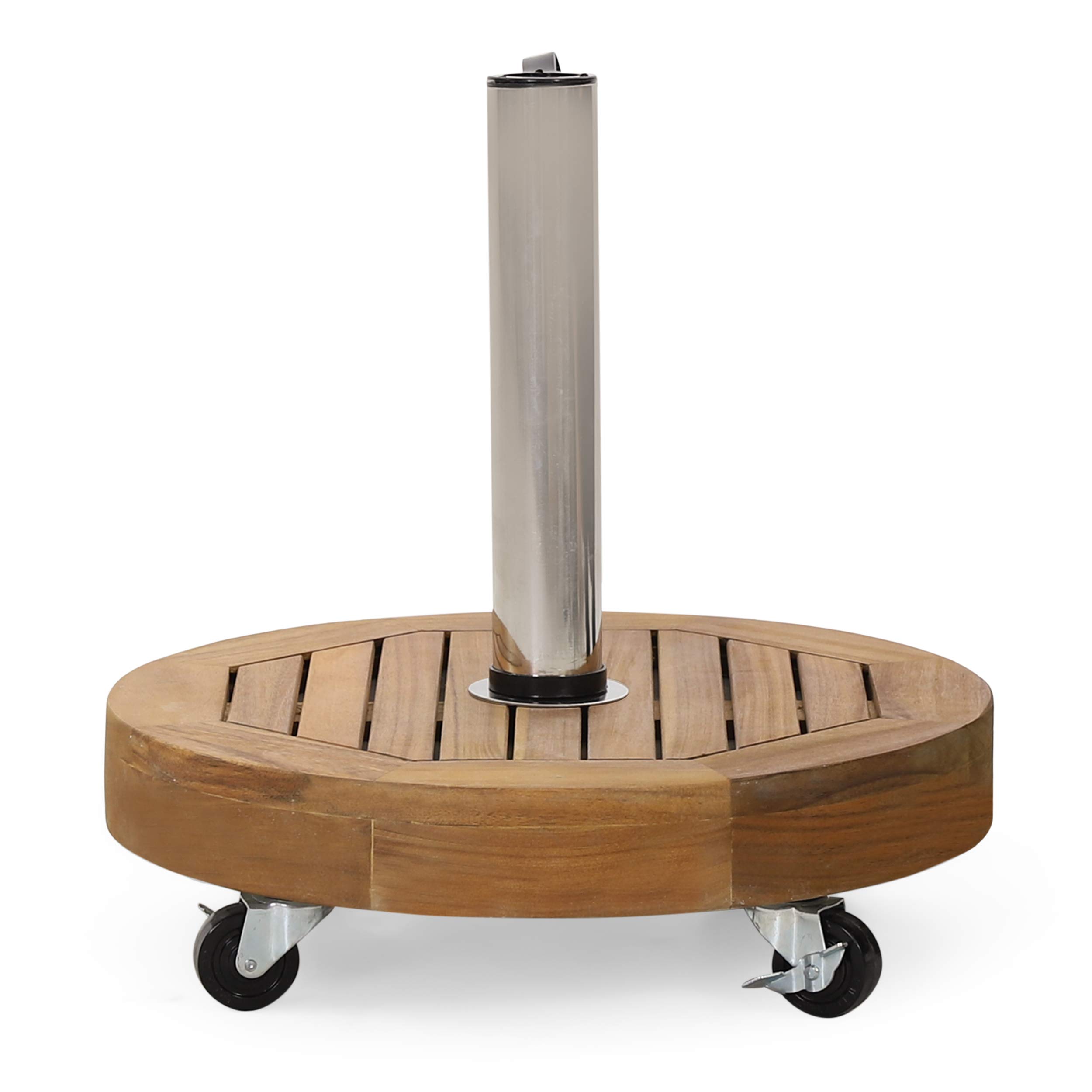 Christopher Knight Home 314641 Ralph Outdoor Umbrella Base - 17.75 Inch Heavy Duty Teak & Stainless Steel Weighted Stand - Perfect for Patio, Poolside, Garden, and Backyard Use