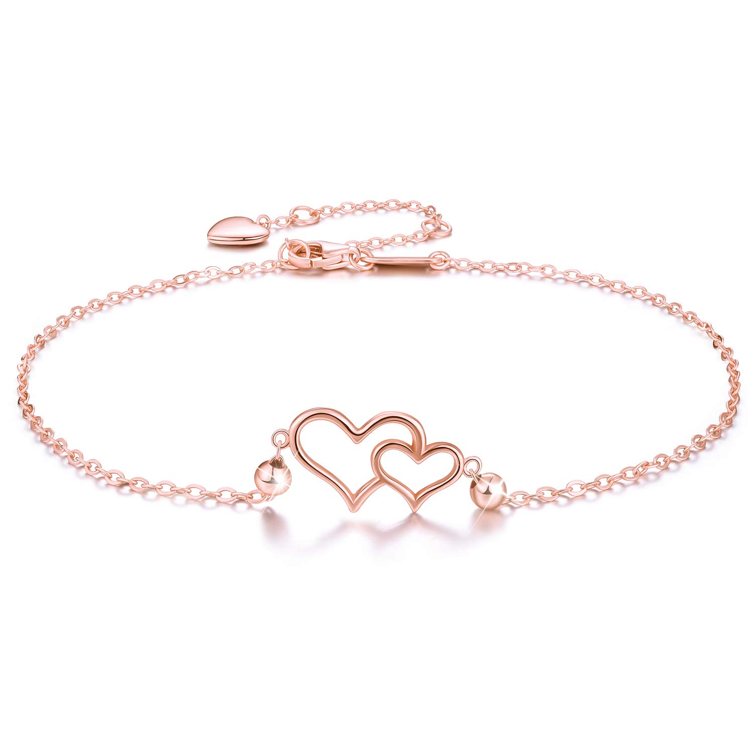 18K Gold Plated 925 Sterling Silver Adjustable Double Love Heart Anklet Bracelet for Women - Perfect for Beach, Summer & Casual Wear