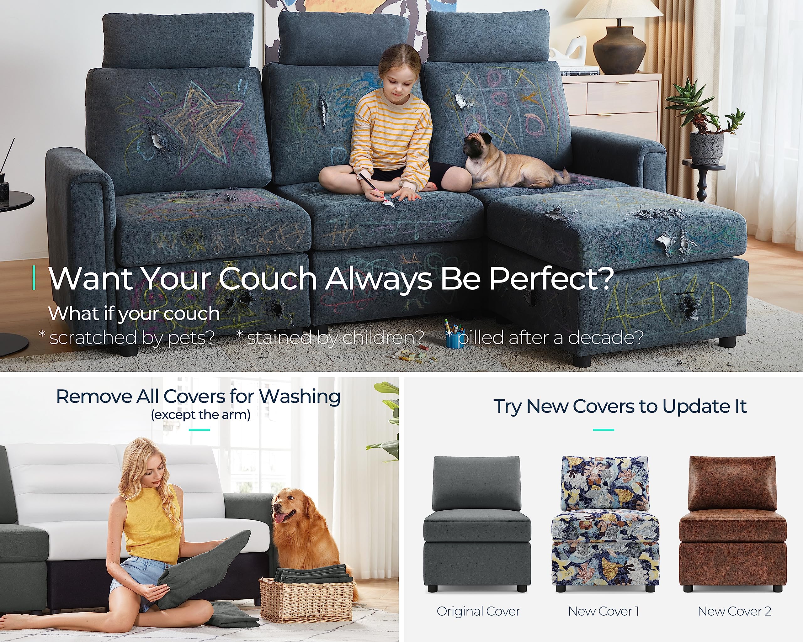 LINSY HOME Modular Sectional Sofa with Storage - Upgraded High Back L-Shaped Couch with 4 Adjustable Headrests, Removable Sofa Covers & Ottoman - 5-Seater Convertible Sofa Bed for Living Room, Family Room or Home Theater (Dark Grey) | Perfect for Small Spaces, Movie Nights & Guest Accommodation