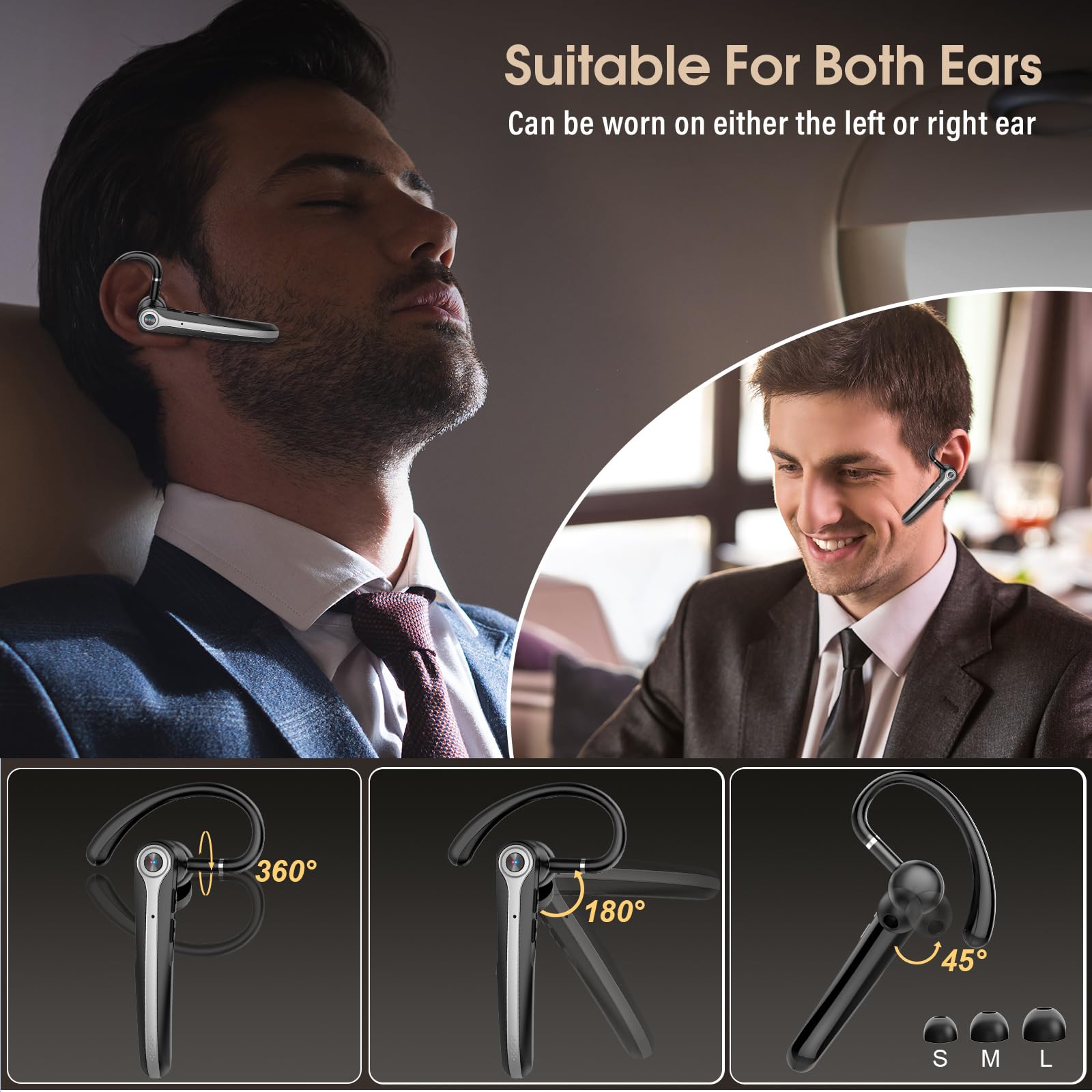 Wireless Bluetooth Headset with ENC Noise Canceling Mic - 120Hrs Talk Time, LED Display, IP7 Waterproof Single-Ear Headphones for Business/Trucker/Driver - Hands-Free Earphone for Calls & Driving (Black)