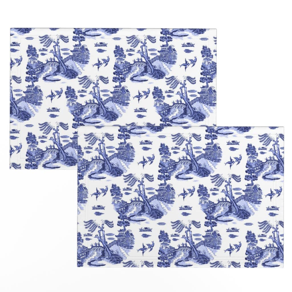 Blue Willow China Chinoiserie Print Linen Cotton Canvas Placemats (Set of 2) - Washable & Durable Table Mats for Dining, Kitchen Decor, and Party Settings