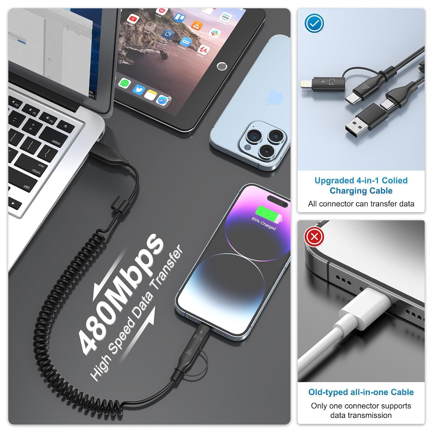 60W USB C to Lightning Fast Charging Cable for iPhone 16/15/14/13 - 4-in-1 Coiled CarPlay Cable with Apple CarPlay & Android Auto Support - 2 Pack 4FT Durable Charger for Car, Home & Travel