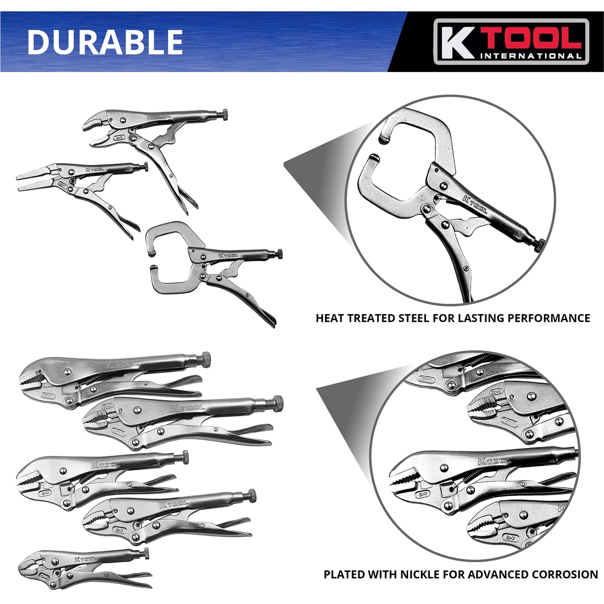 K Tool International 58730 10-Piece Automotive Vice Grip Pliers Set - Locking Straight & Curved Jaw Needle Nose Pliers for Auto Repair, DIY Projects & Garage Use | Heat-Treated Nickel Plated Steel with Organizing Tray | Perfect for Mechanics, Home Workshops & Professional Repair Shops