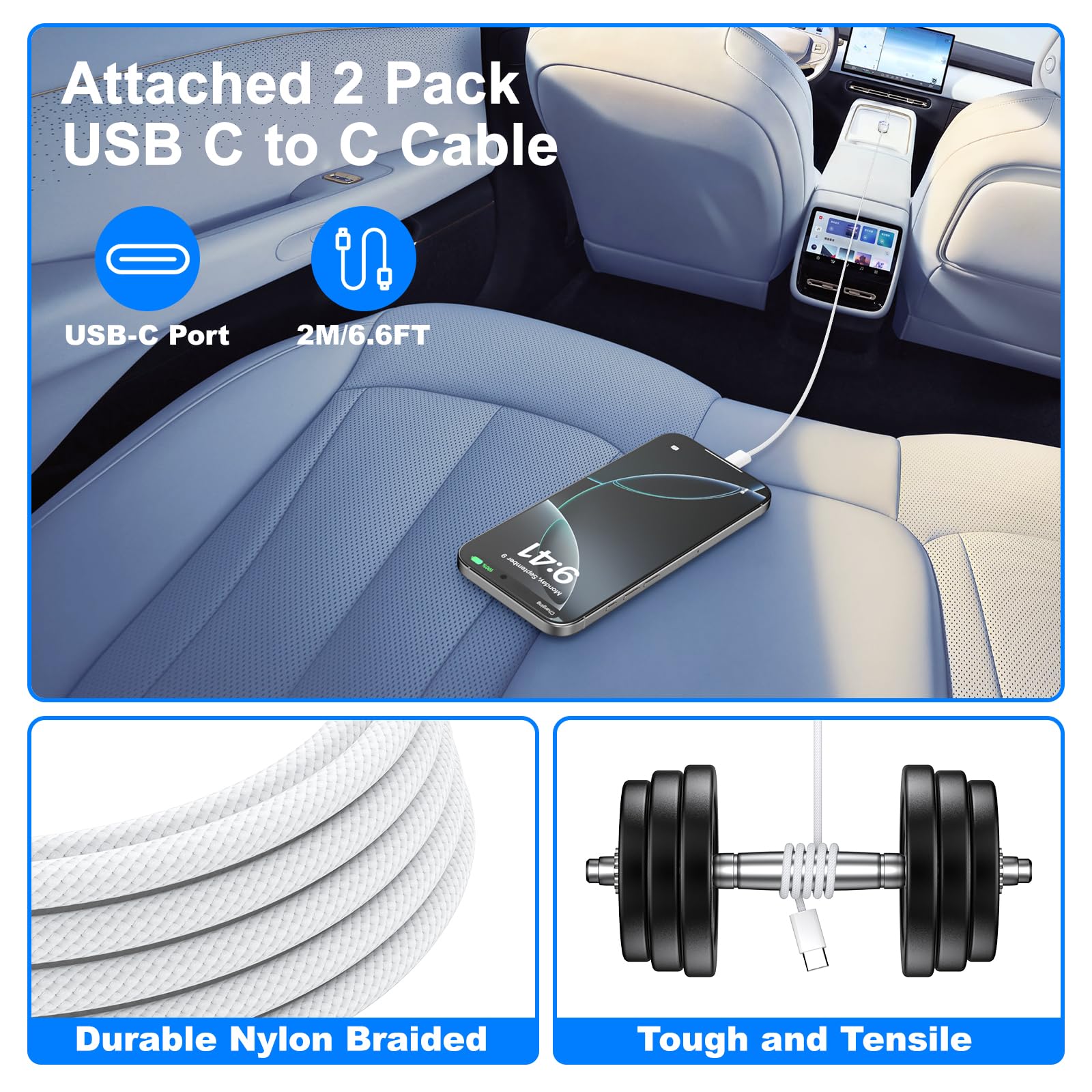 65W 4-Port USB C Car Charger with PD30W/QC3.0 Fast Charging - Compatible with iPhone 16/15 Series, iPad - Includes 6FT Braided USB C to C Cable - Perfect for Road Trips, Commuting & Multi-Device Charging in Car
