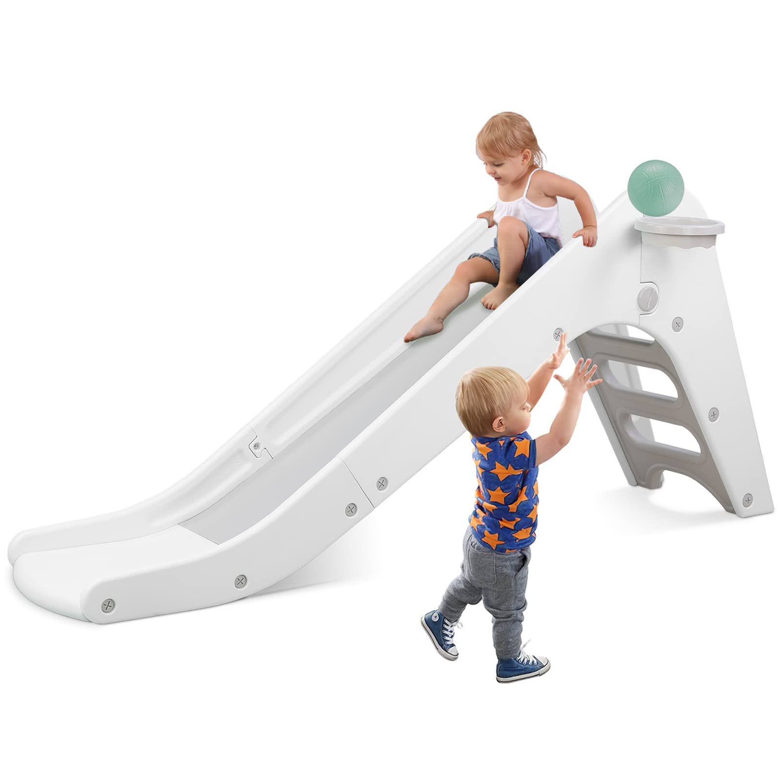 Arlopu Freestanding Kids Slide & Climber with Basketball Hoop - Indoor/Outdoor Toddler Playset for Boys & Girls | Sturdy Playground Toy with Long Slope & Ball | Perfect for Backyard, Birthday Gifts & Daycare Activities (Grey White)