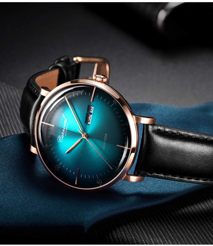 Luxury Men's Automatic Watch - Sapphire Crystal, Rose Gold Case, Black Leather Strap - Perfect for Business, Formal Events & Everyday Wear