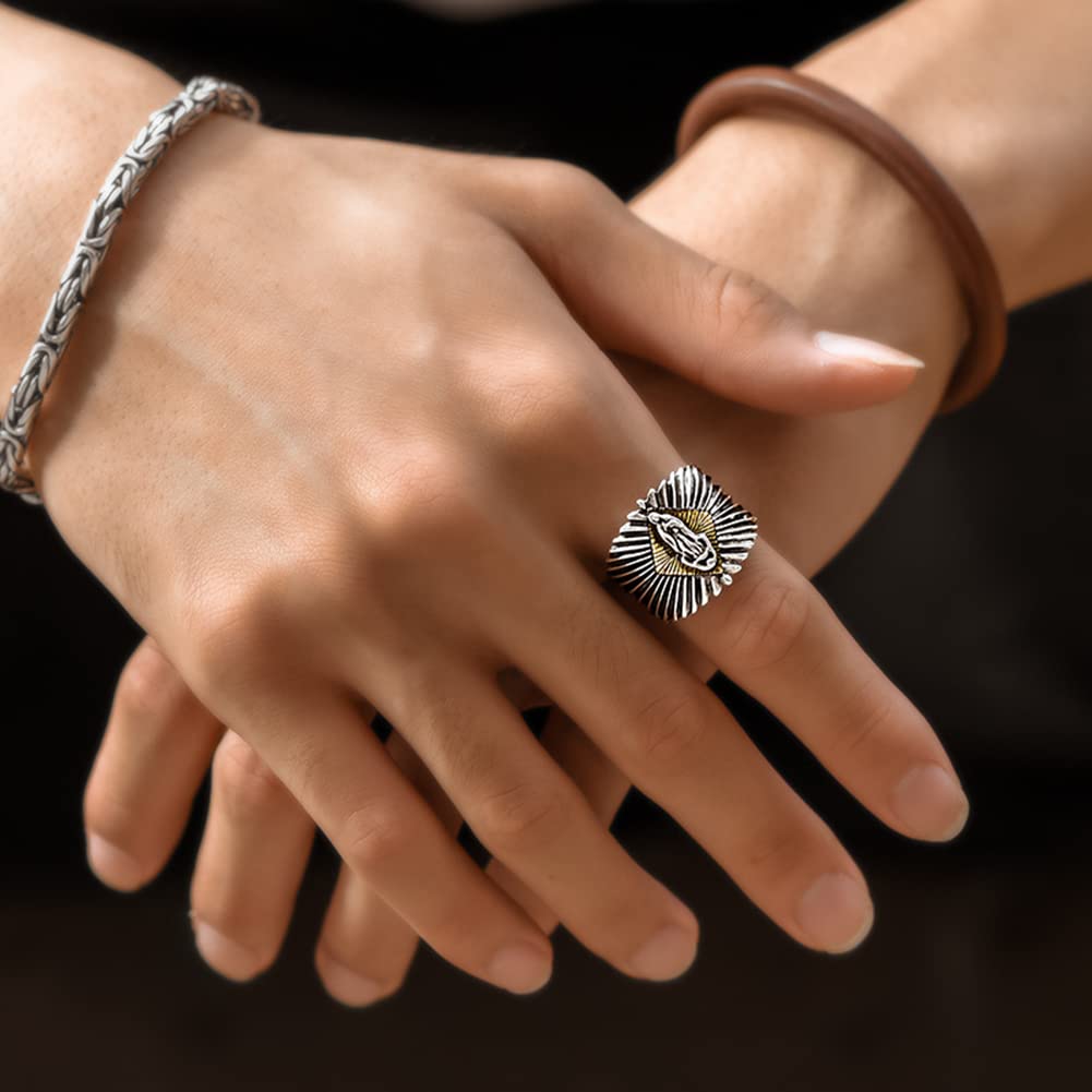 Virgin Mary Ring for Men & Women - Vintage Gothic Adjustable Punk Biker Ring, Oxidized Silver Blessed Jewelry - Perfect for Bikers, Goth Fashion, and Religious Gifts