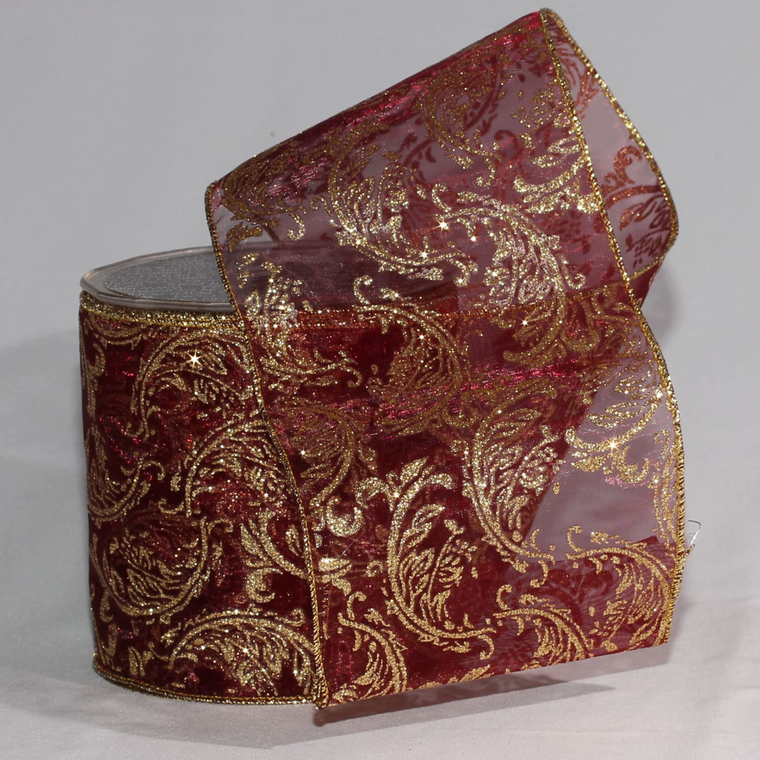 Shimmering Burgundy Sheer Wired Craft Ribbon with Ornamental Print - 4 Inch x 20 Yards for Gift Wrapping, DIY Decorations, Wedding Bouquets & Scrapbooking