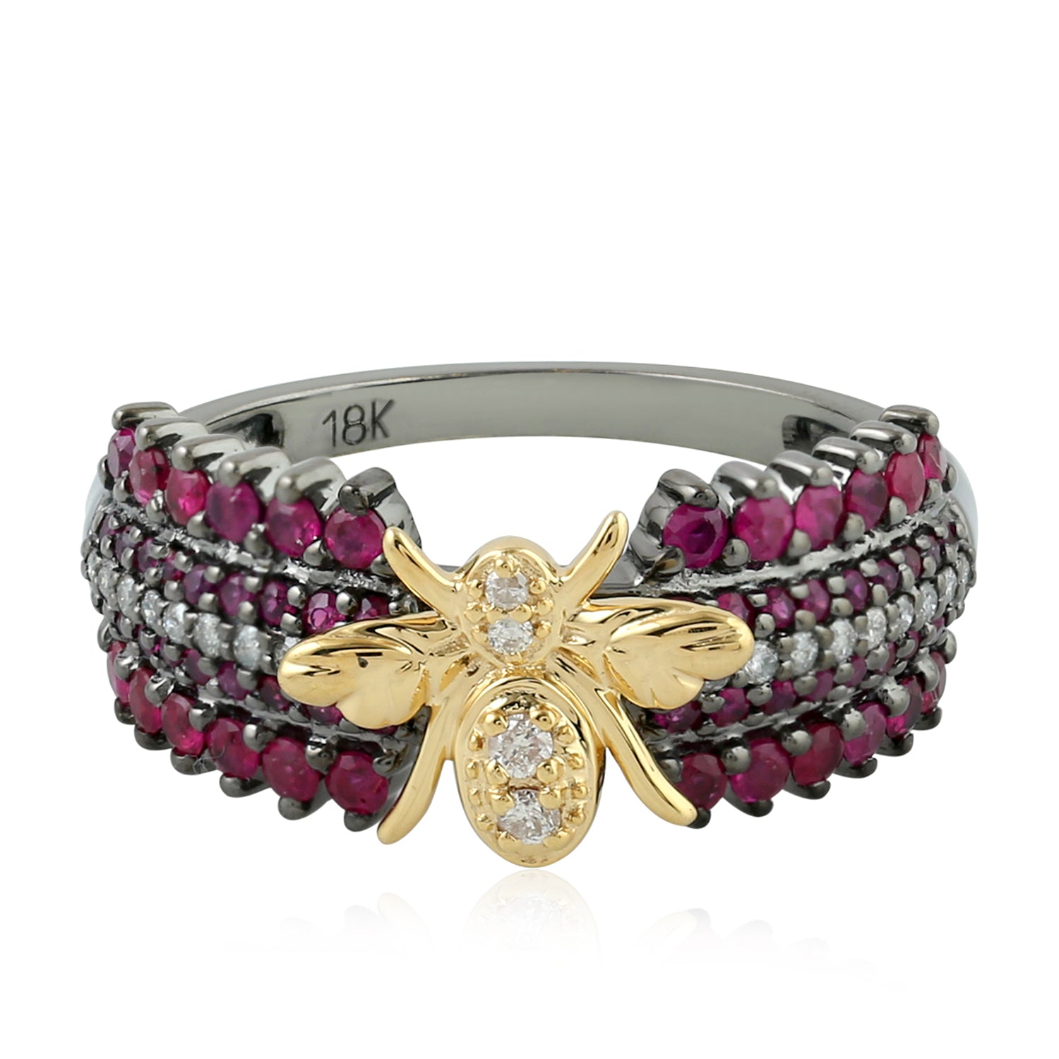 18K Oxidized Gold Ruby July Birthstone Diamond Housefly Band Ring - Perfect for Birthdays, Anniversaries & Unique Jewelry Gifts