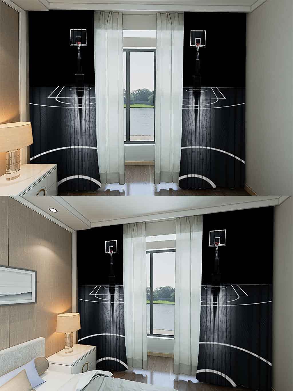 Basketball Curtains for Boys Room - Sports Themed Window Drapes for Kids & Teens - Black & White 42x63 Inch Basketball Court Design - Perfect for Bedroom, Living Room & Game Room Decor - 2 Panels