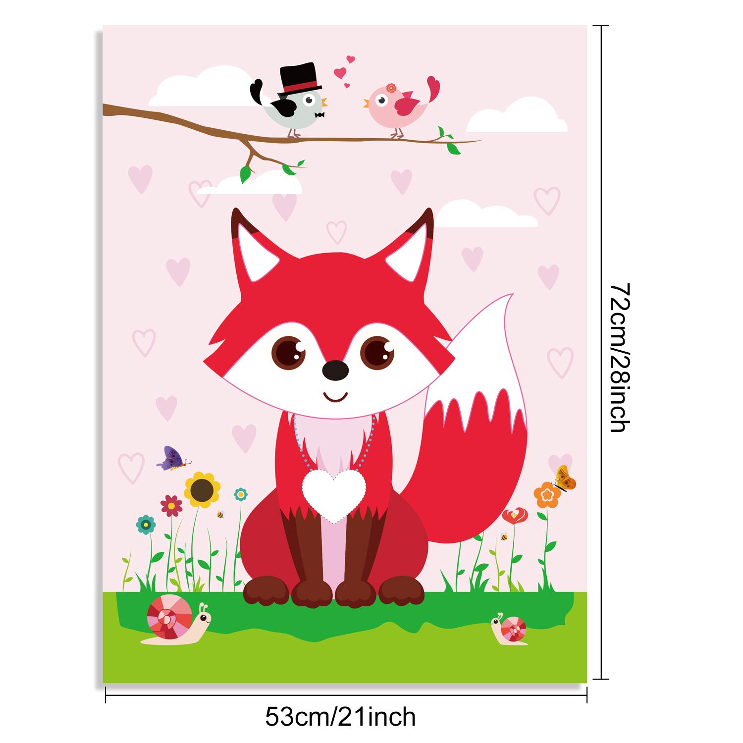 FEPITO Pin The Heart on The Fox Valentine's Day Game - 24Pcs Heart Stickers for Kids Valentine Party Supplies, Birthday Party Decorations - Fun Valentine's Day & Birthday Party Activities for Kids