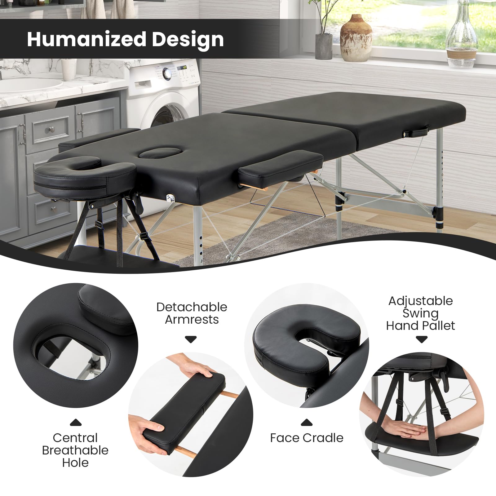 Professional Portable Massage Table - Adjustable Height Folding Massage Bed with Carrying Bag, Sturdy Aluminum Frame for Salon, Spa, Tattoo & Esthetician Use - Perfect for Home & Professional Massage Therapy (Black)