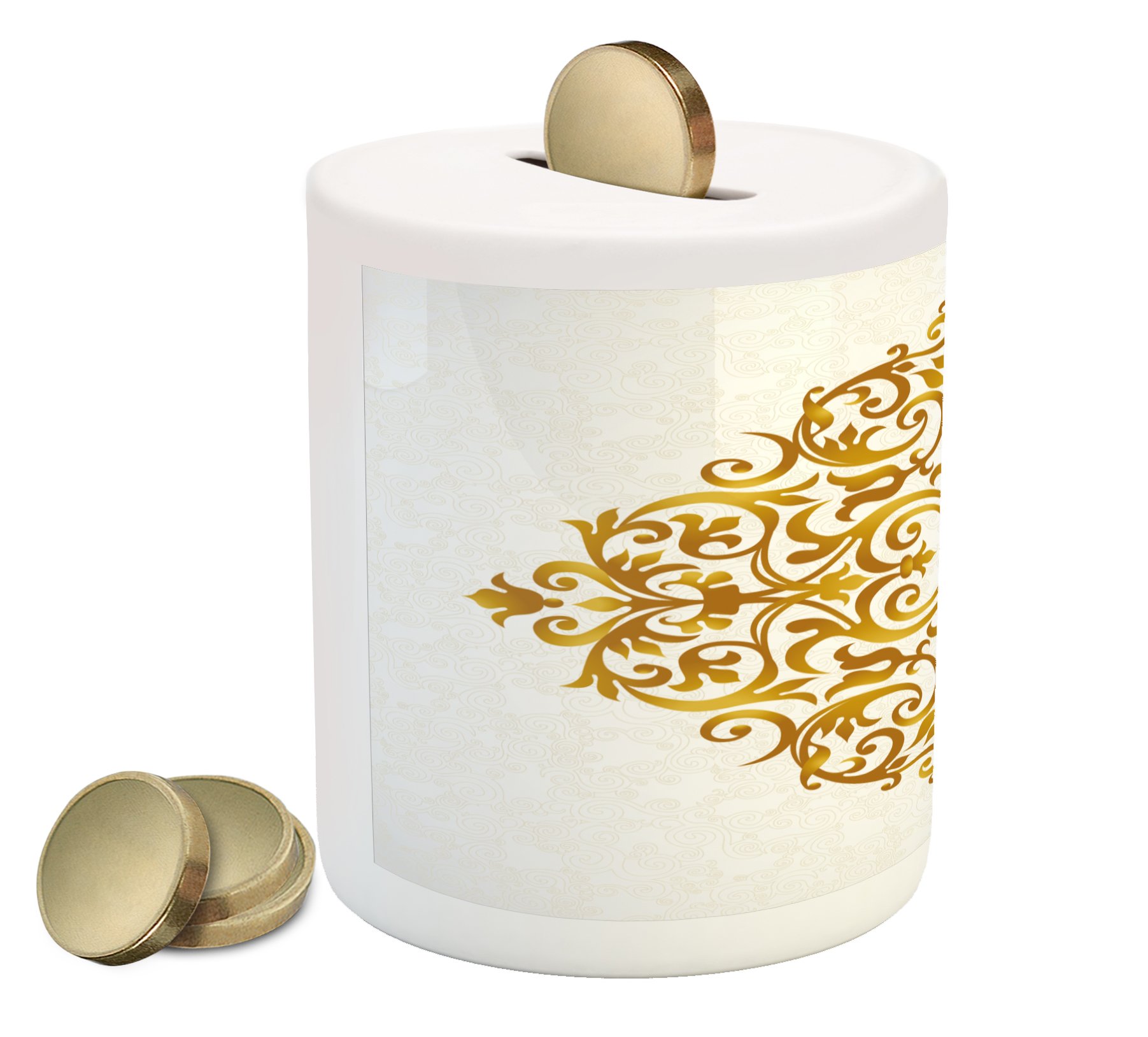 Ambesonne Mandala Piggy Bank - Victorian Style Ceramic Coin Bank with Traditional Filigree & Oriental Print for Cash Saving | Money Box for Kids, Home Decor, Gift Idea (Pale Caramel White)