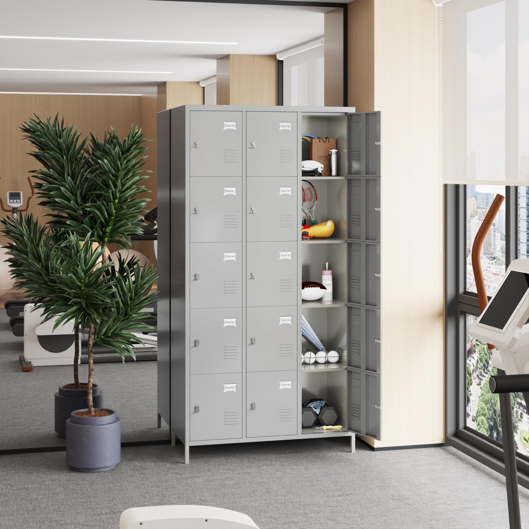 METAN 15-Door Steel Storage Locker Cabinet - Heavy Duty Metal Locker for School, Office, Gym & Bedroom - Industrial Employee Storage Locker with Assembly Required (Light Grey) - Perfect for Secure Storage in Workplaces, Schools, Fitness Centers and Homes