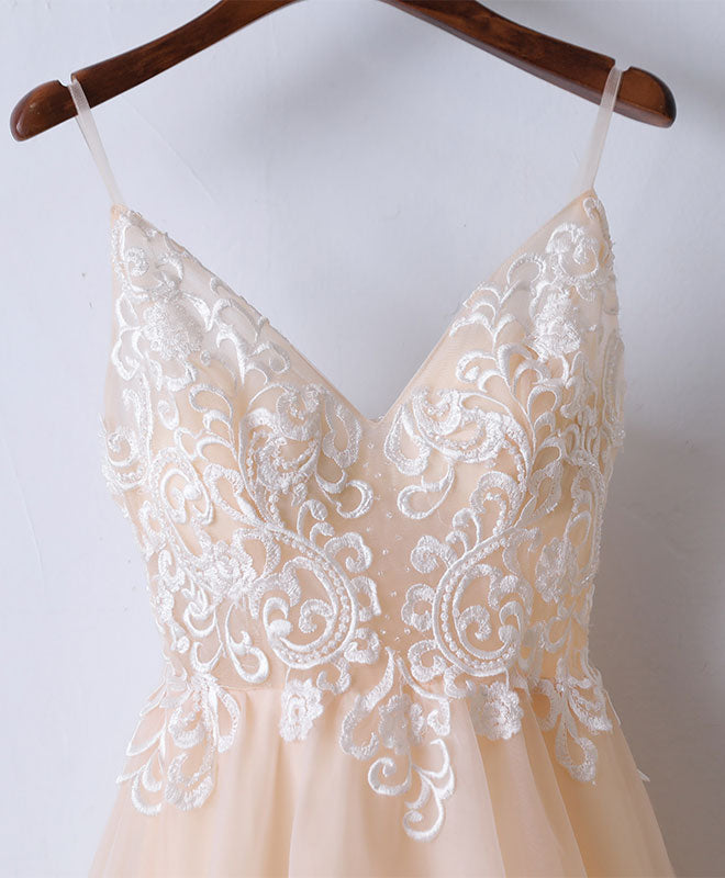 Elegant Champagne V-Neck Tulle Long Prom Dress with Lace Detailing - Perfect for Evening Gala, Formal Dances & Special Occasions