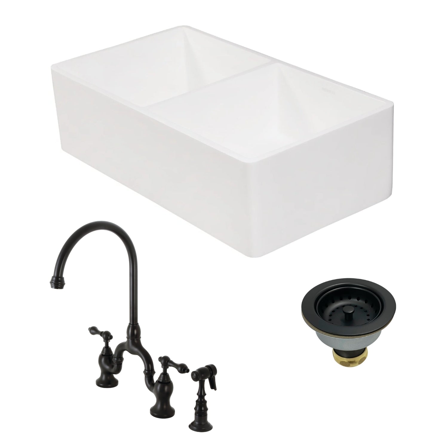 Arcticstone 33 Inch White Stone Double Bowl Farmhouse Kitchen Sink with Deck Mount Bridge Faucet, Side Sprayer & Basket Strainer - Matte Black Finish for Modern Farmhouse & Rustic Kitchen Decor
