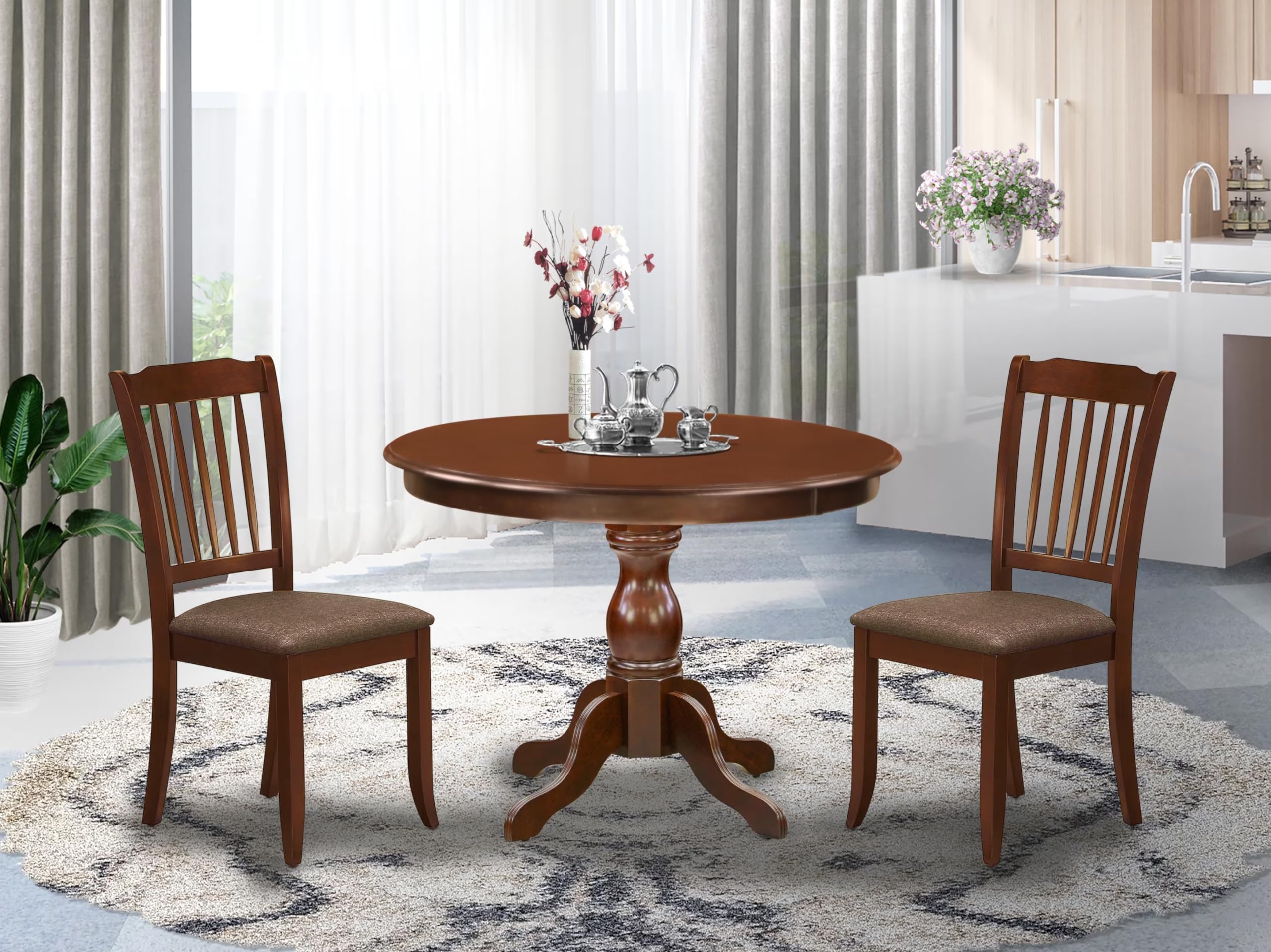 East West Furniture HBDA3-MAH-C 3 Piece Round Dining Set with Pedestal Table & 2 Linen Upholstered Chairs, 42x42 Inch, Mahogany - Perfect for Small Spaces, Breakfast Nooks & Cozy Dining Areas